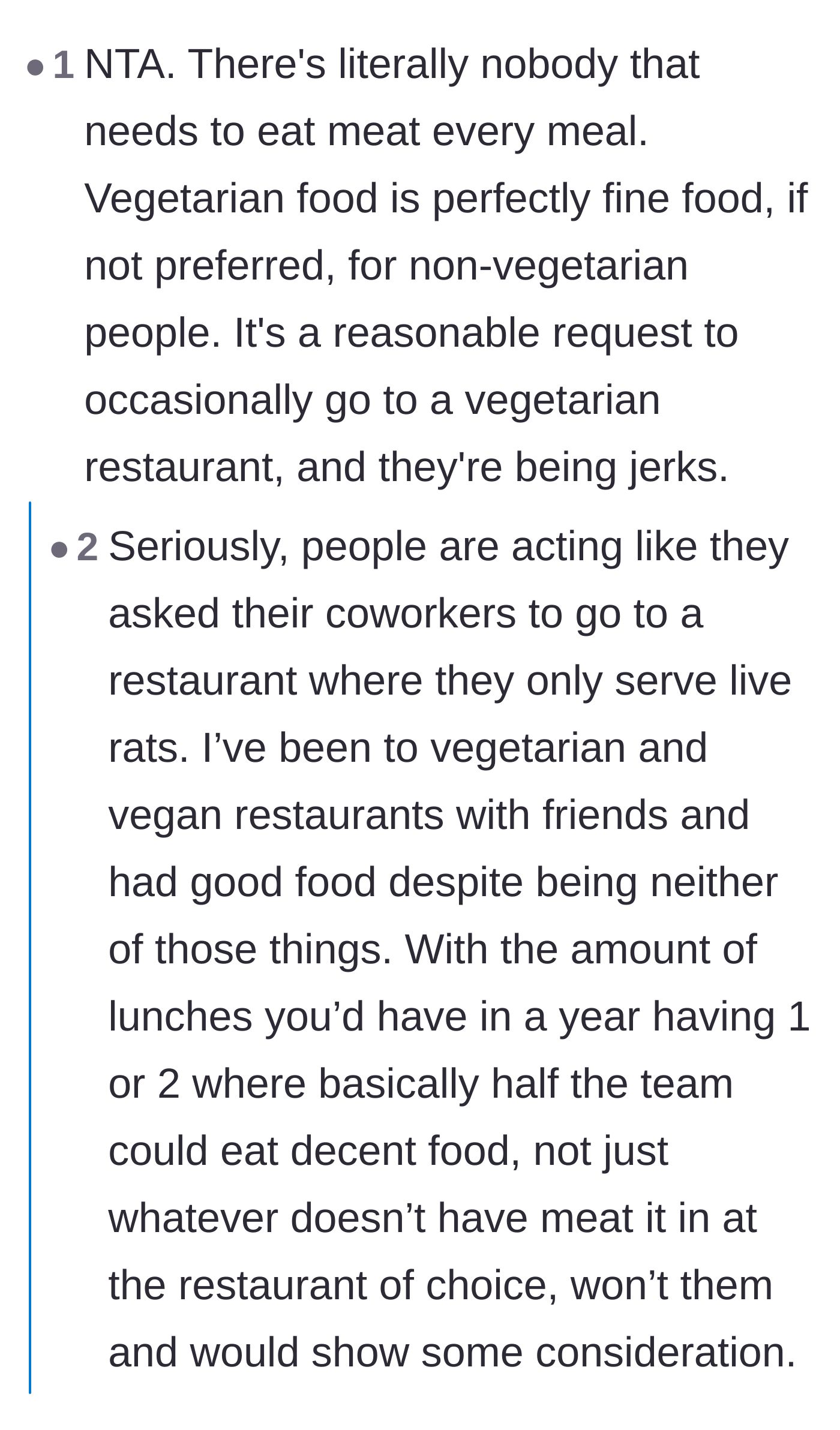 Comment thread 2 - A heated discussion accusing the original poster of ignoring the extensive vegetarian menu at their usual spot.
