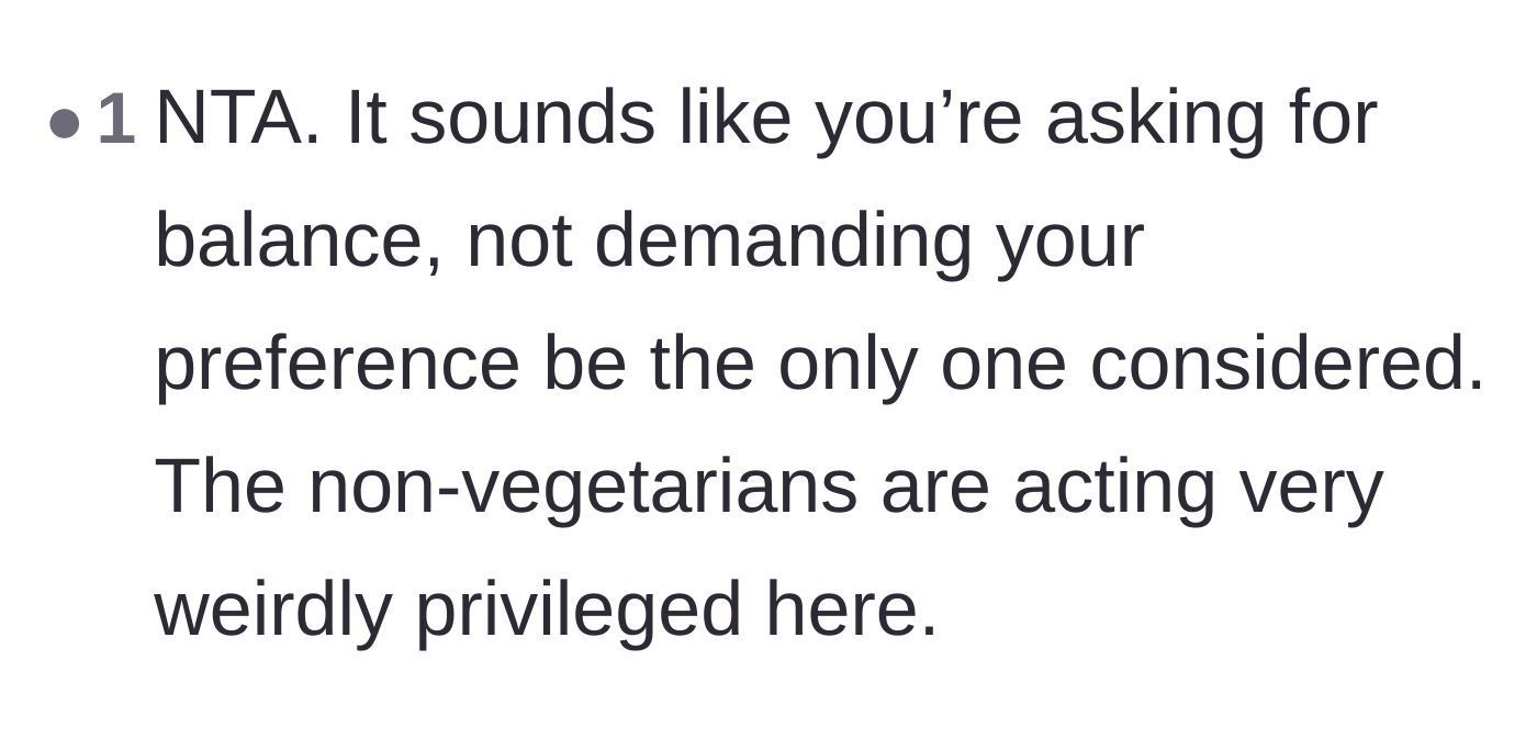 Comment thread 3 - A straightforward assessment calling the meat-eating coworkers privileged.