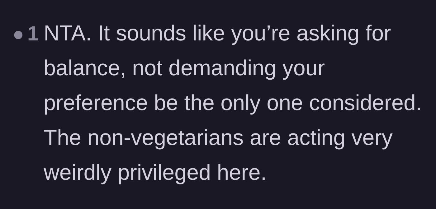 Comment thread 3 - A straightforward assessment calling the meat-eating coworkers privileged.
