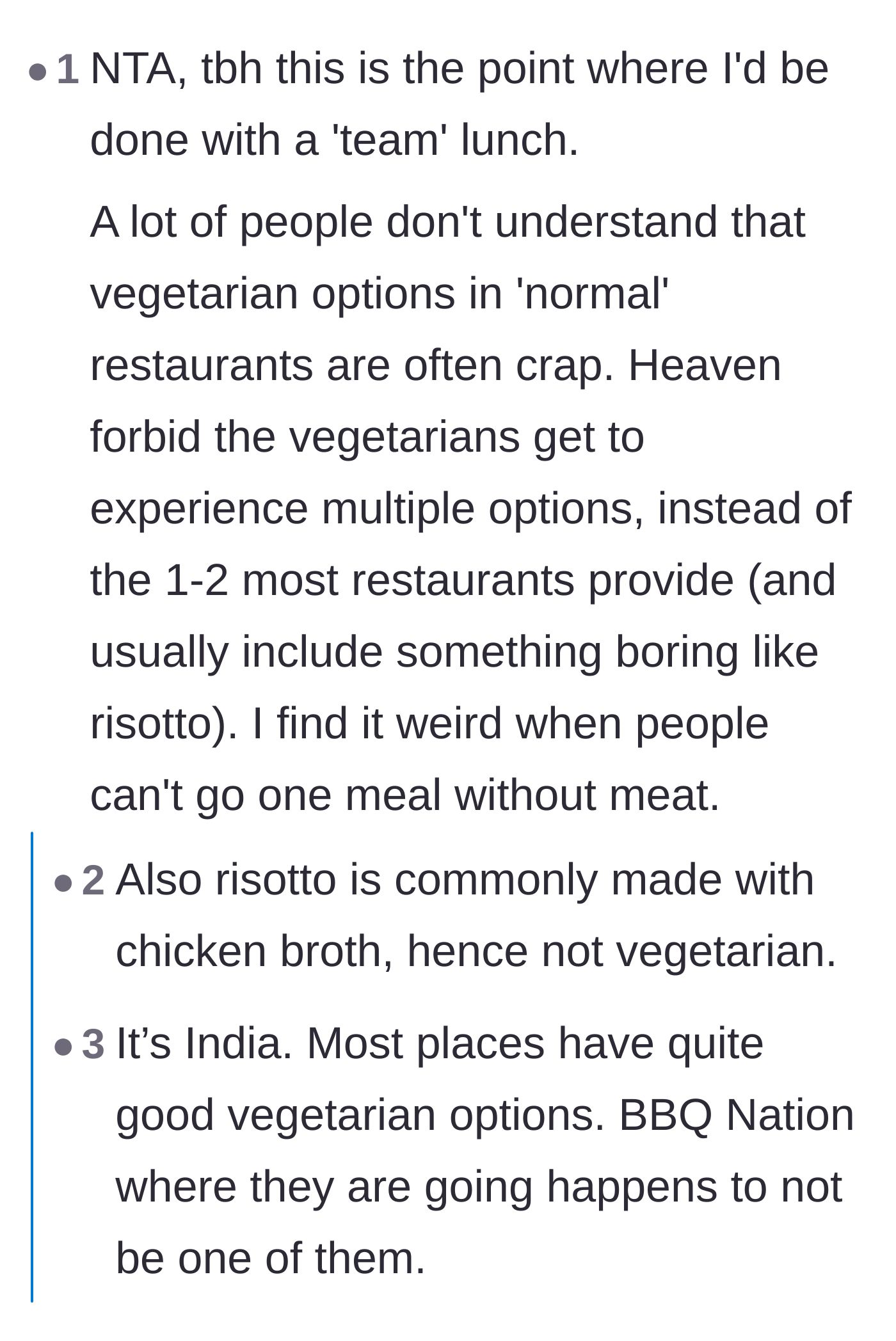 Comment thread 5 - A discussion about the notoriously poor quality of vegetarian options in standard restaurants.