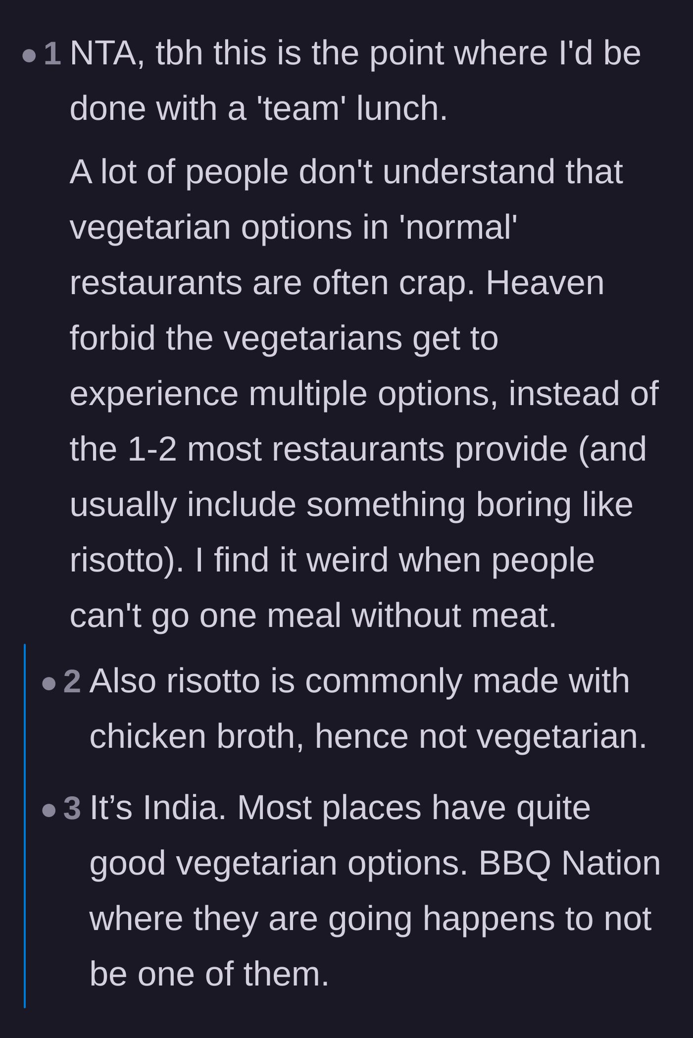 Comment thread 5 - A discussion about the notoriously poor quality of vegetarian options in standard restaurants.