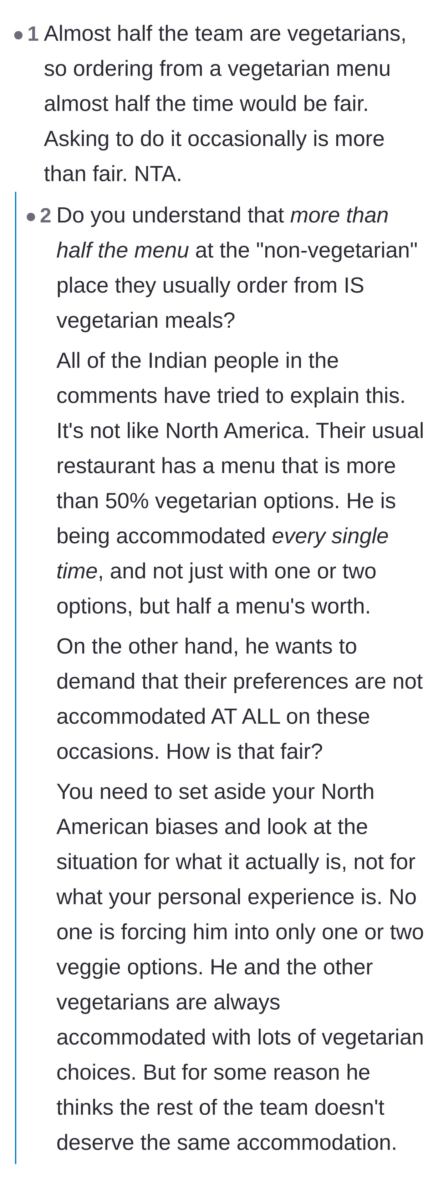 Comment thread 6 - An argument about proportional representation and fairness in picking a restaurant.