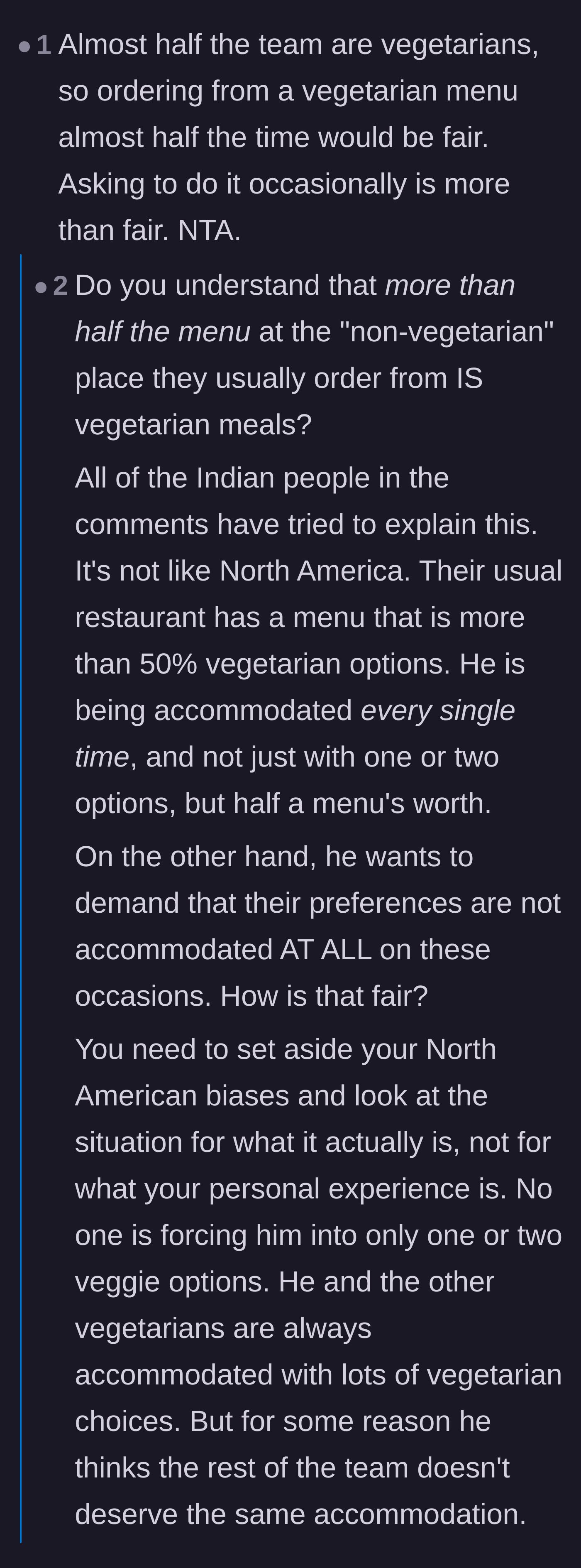 Comment thread 6 - An argument about proportional representation and fairness in picking a restaurant.