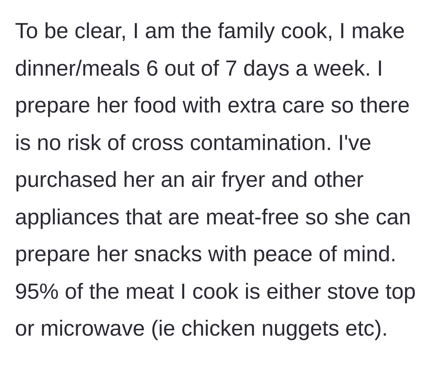 Story part 2 - A breakdown of the main character's extensive efforts to cook safely and separately for their vegetarian wife.