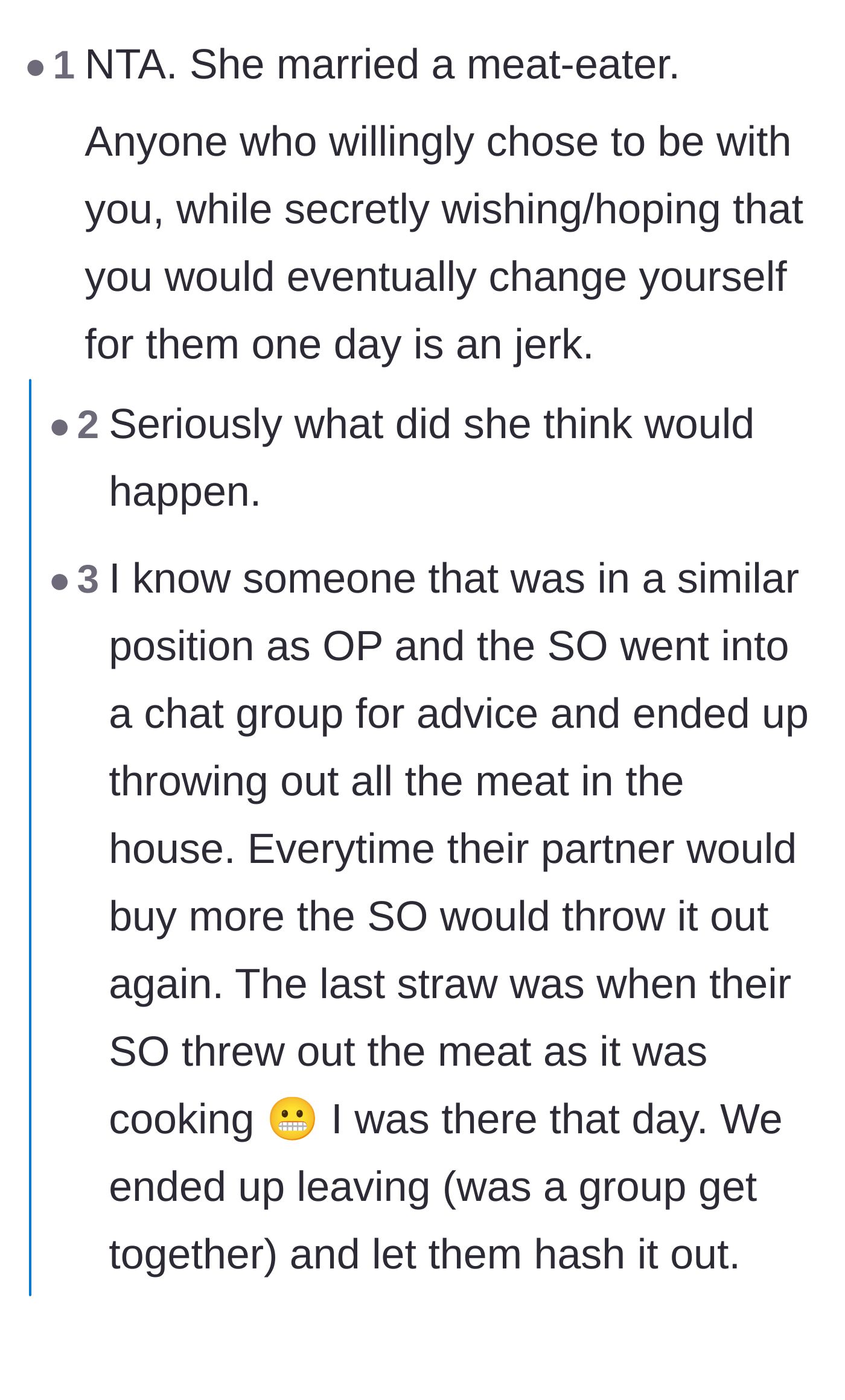 Comment thread 1 - A discussion on the delusion of marrying someone as a renovation project and the realities of dietary restrictions.
