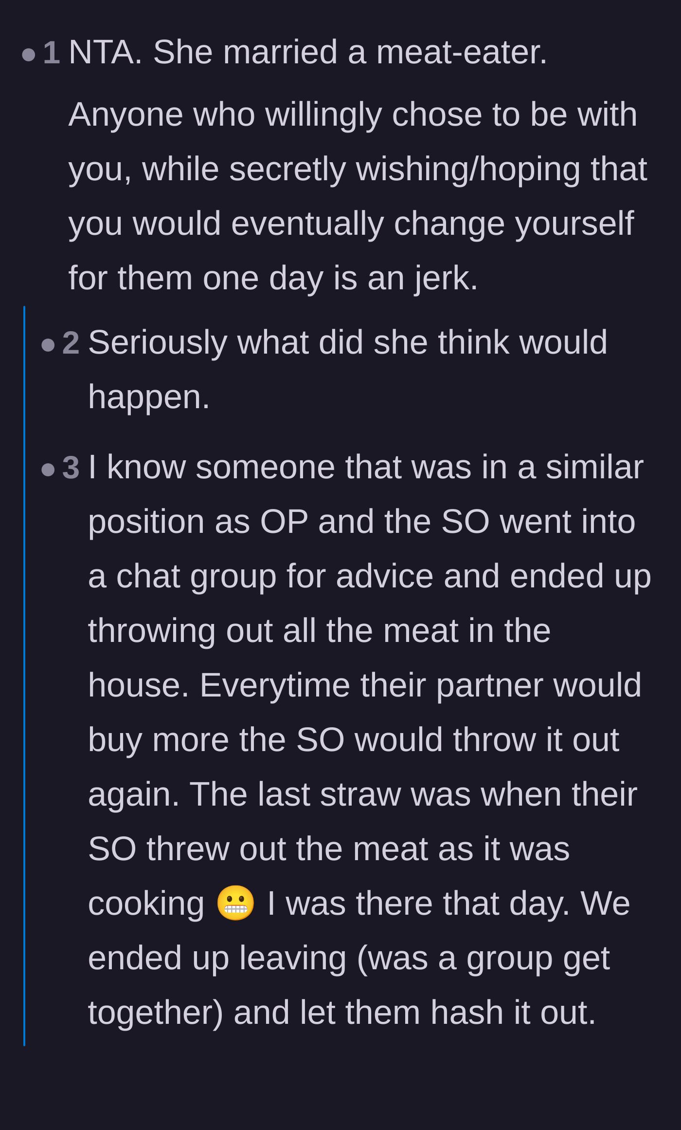 Comment thread 1 - A discussion on the delusion of marrying someone as a renovation project and the realities of dietary restrictions.