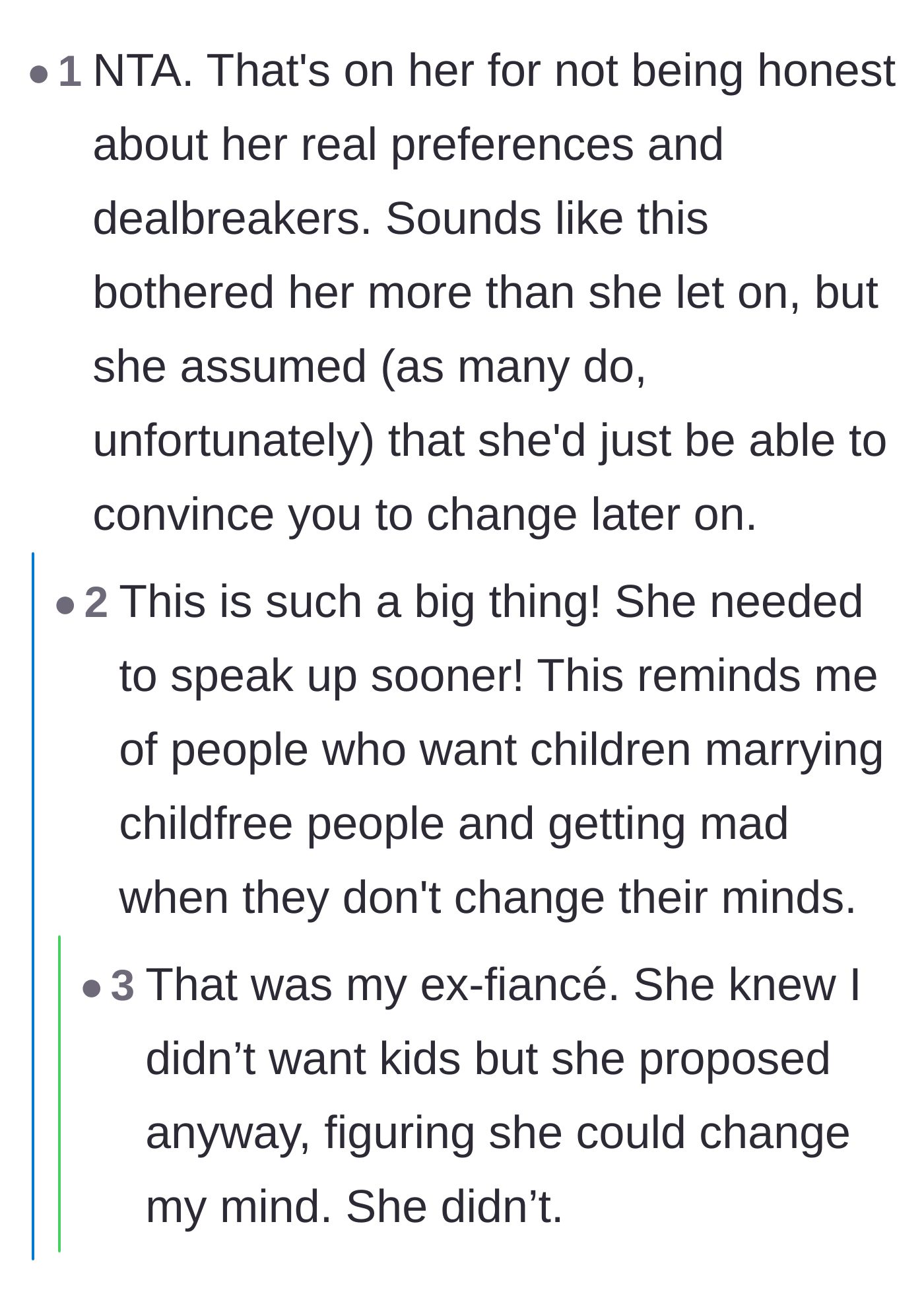 Comment thread 3 - Comparisons between this situation and the classic bait-and-switch of hoping a childfree partner will eventually want kids.