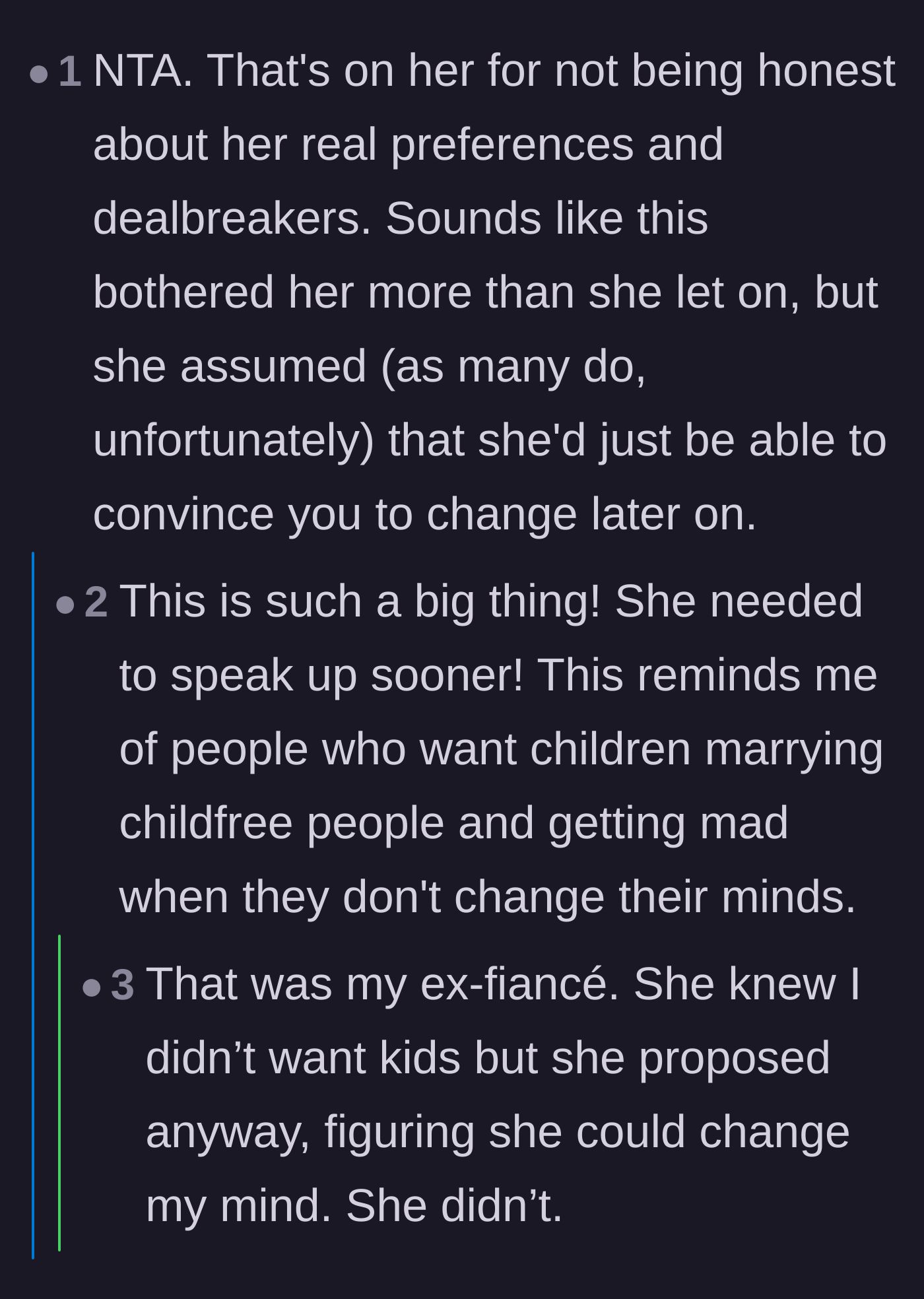 Comment thread 3 - Comparisons between this situation and the classic bait-and-switch of hoping a childfree partner will eventually want kids.