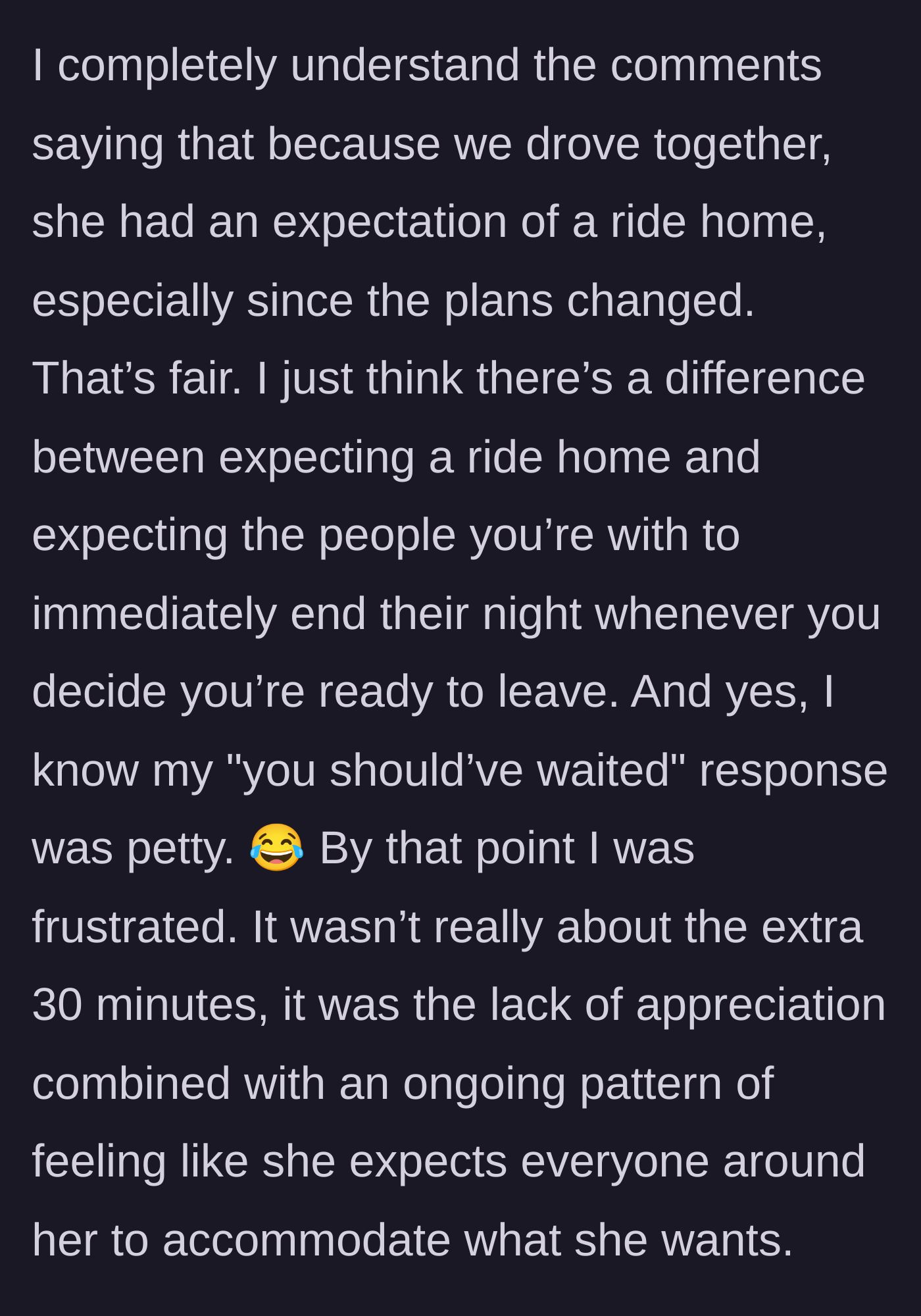 Story part 12 - The narrator admitting their text was petty but feeling completely justified after years of accommodating toxic behavior.