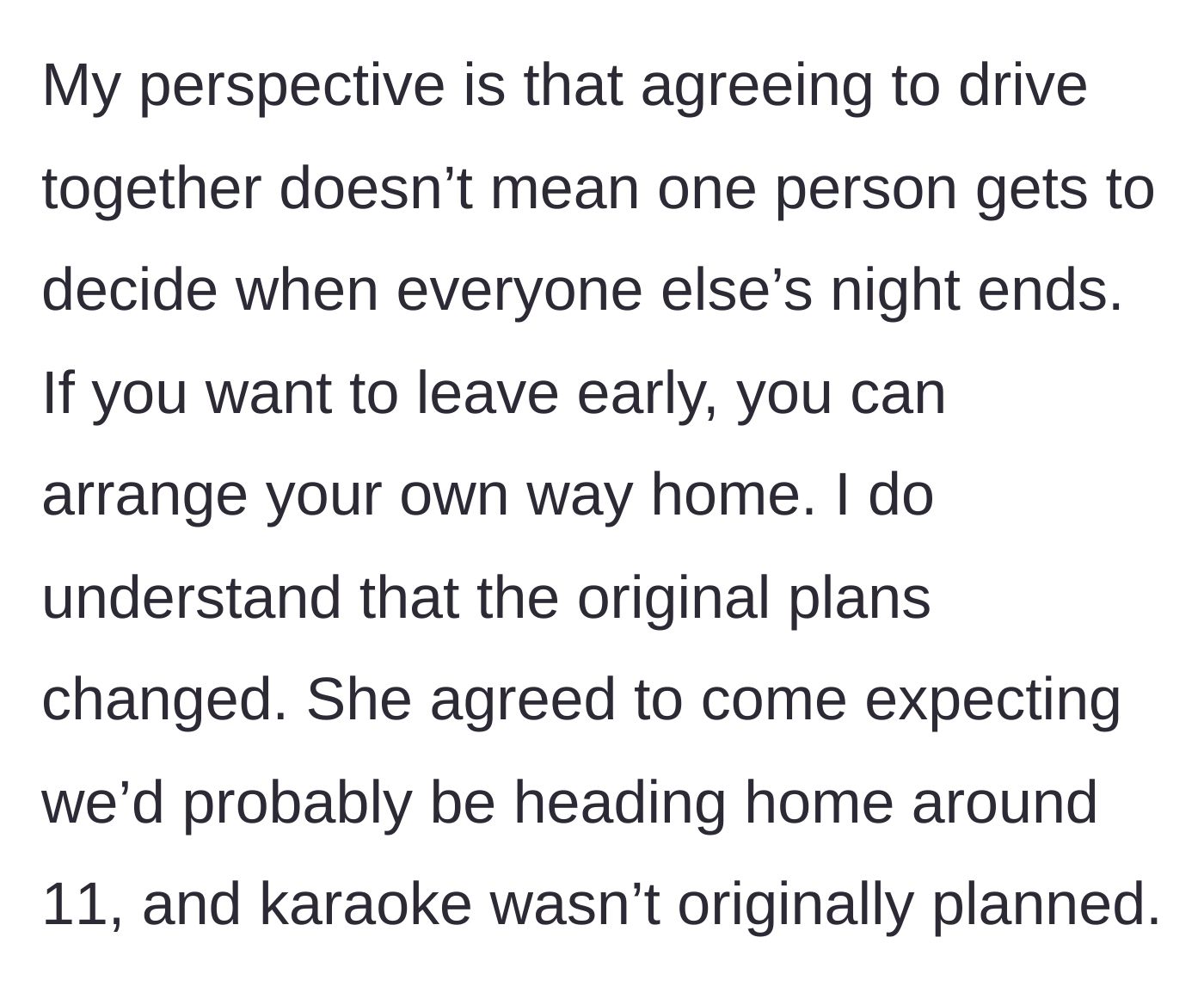 Story part 8 - The narrator explaining that grown adults should arrange their own rides if they want to leave early.
