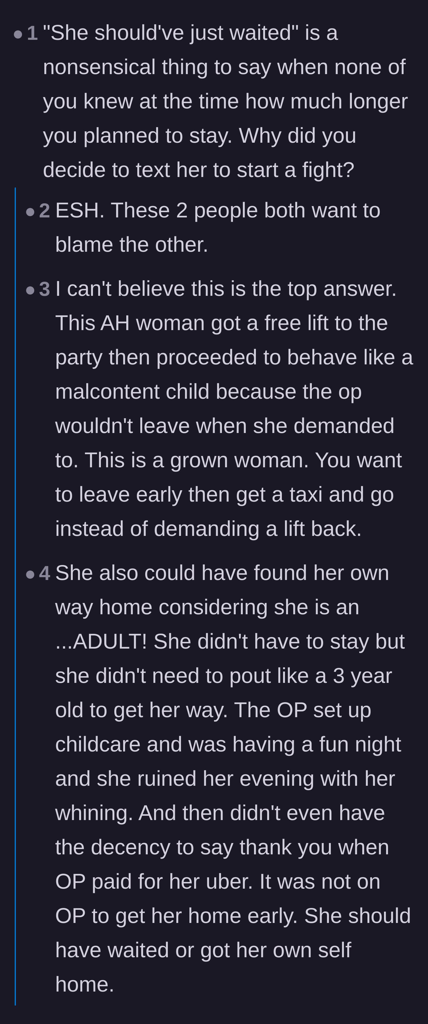 Comment thread 1 - A heated debate about whether sending the petty follow-up text made the driver just as bad as the passenger