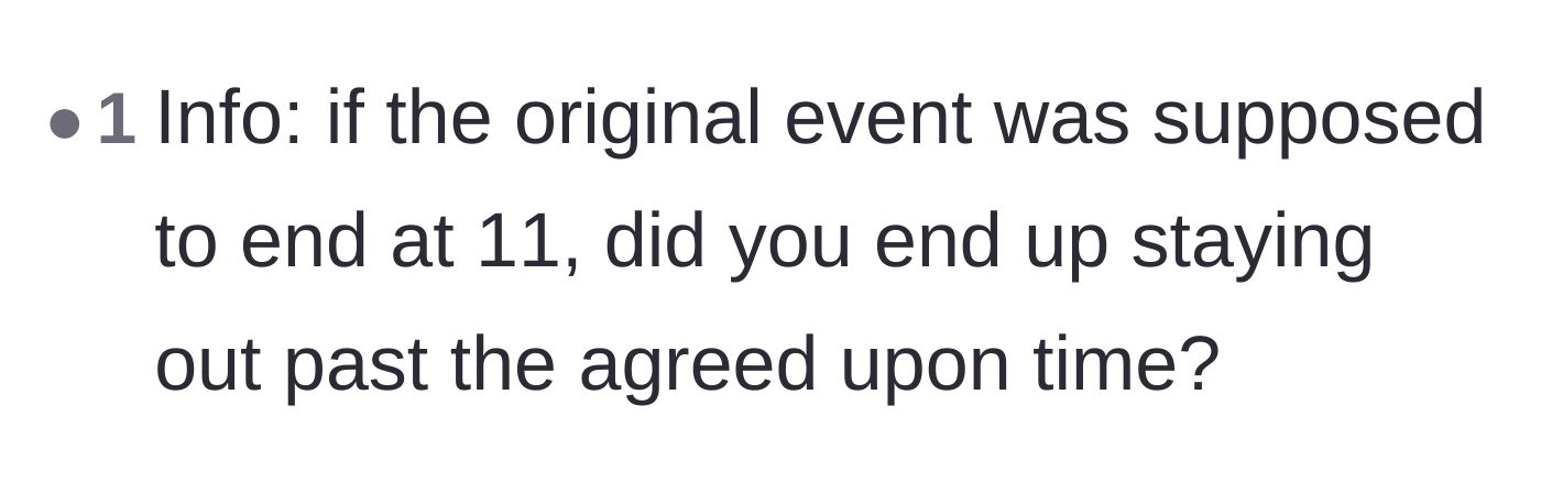 Comment thread 3 - A user asking for clarification on whether the group actually stayed out later than the originally planned curfew