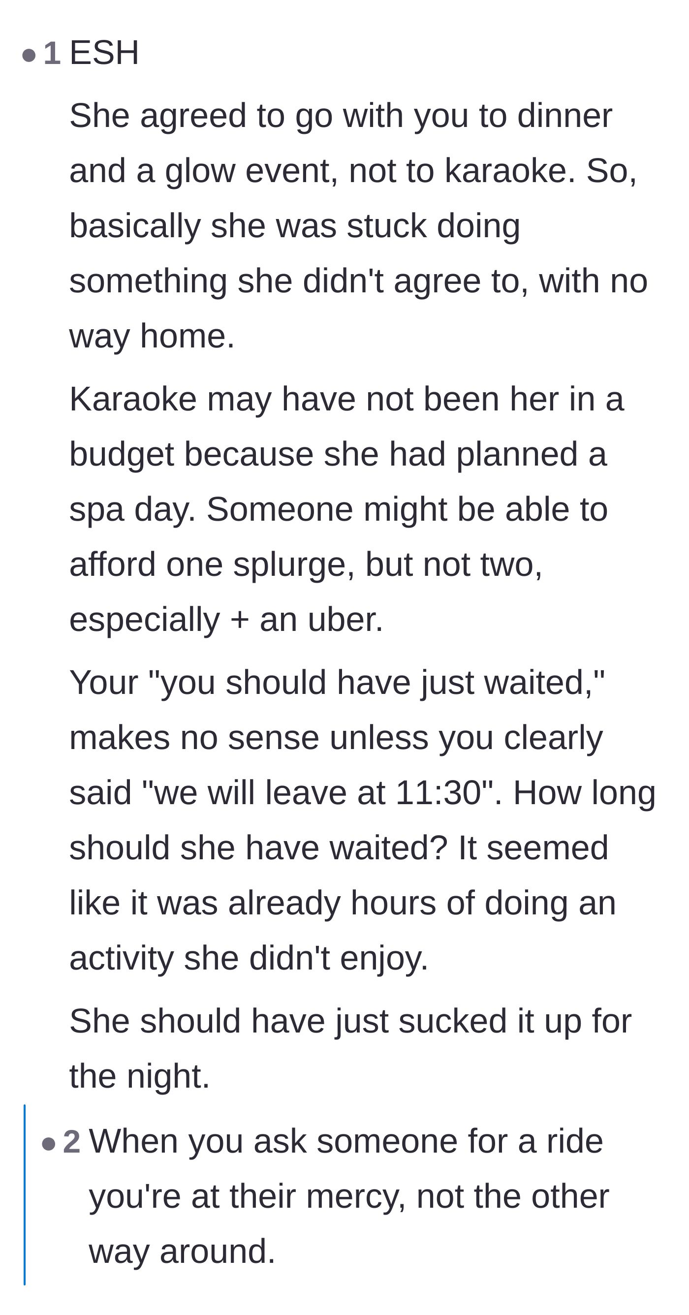 Comment thread 5 - An argument pointing out that the passenger was forced into an expensive, unplanned karaoke night she never agreed to