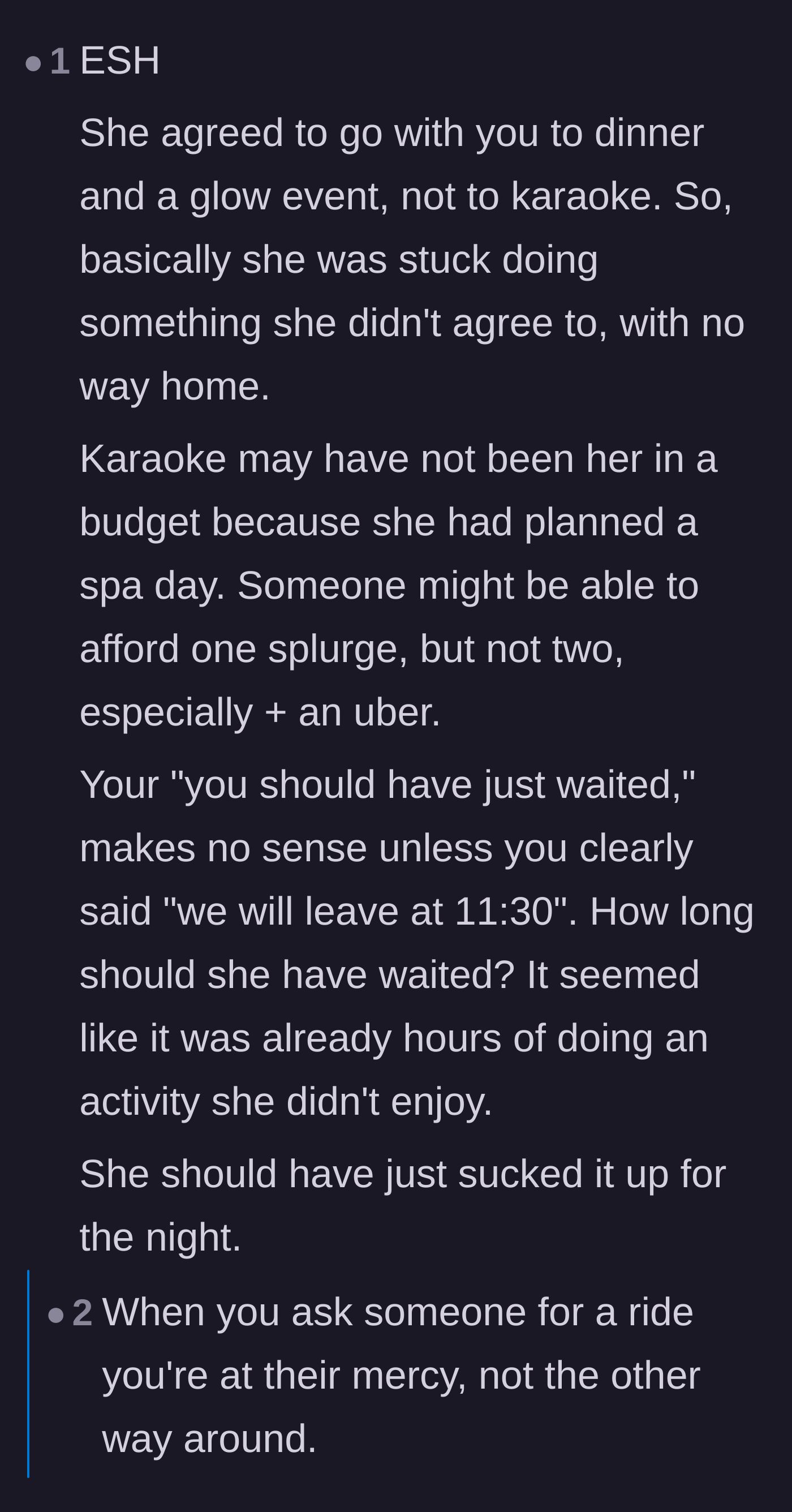 Comment thread 5 - An argument pointing out that the passenger was forced into an expensive, unplanned karaoke night she never agreed to