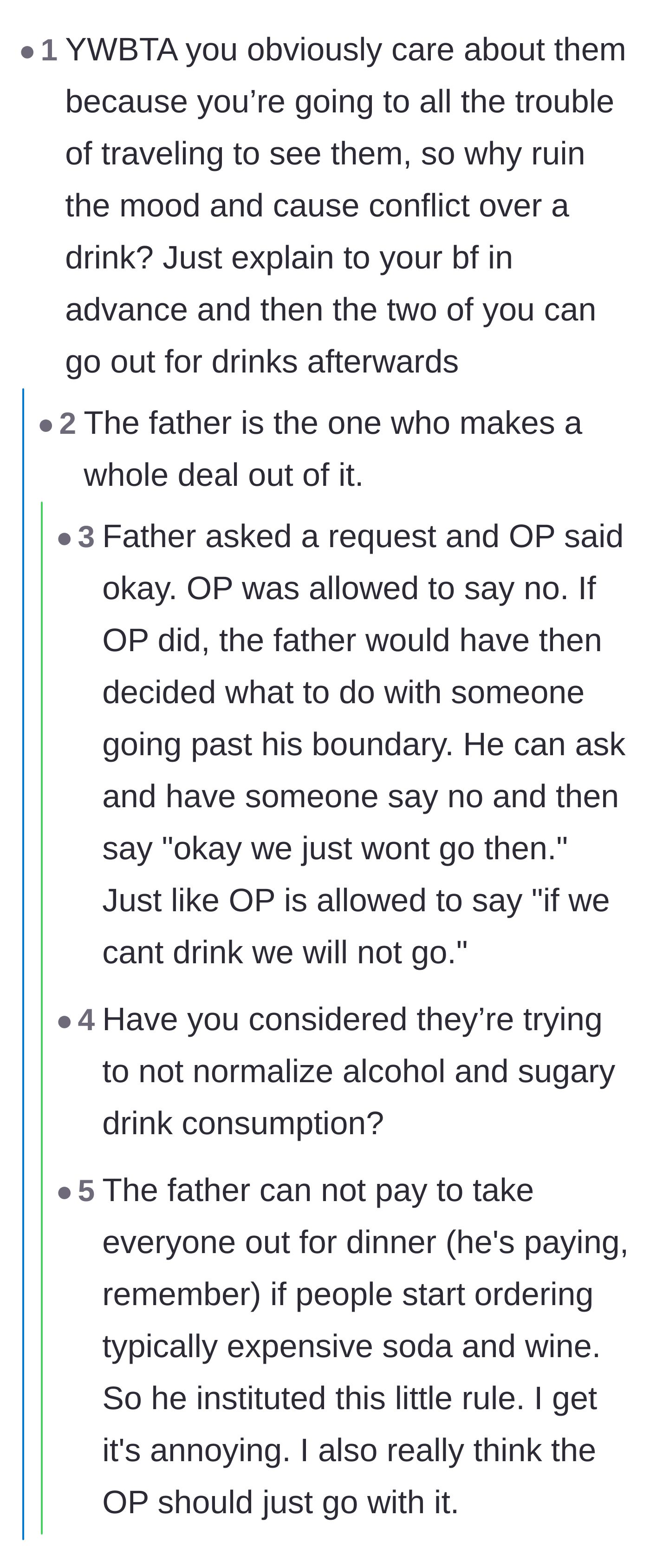 Comment thread 3 - Suggestion to just suck it up and get drinks afterwards to keep the peace.