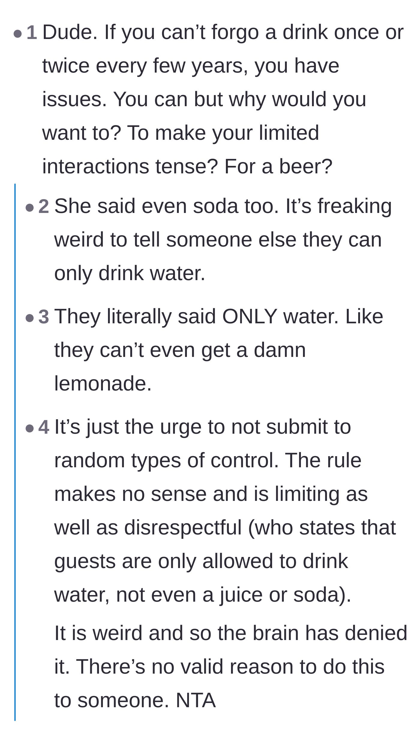 Comment thread 4 - A commenter arguing that not being able to forgo a drink for one meal is a personal issue.