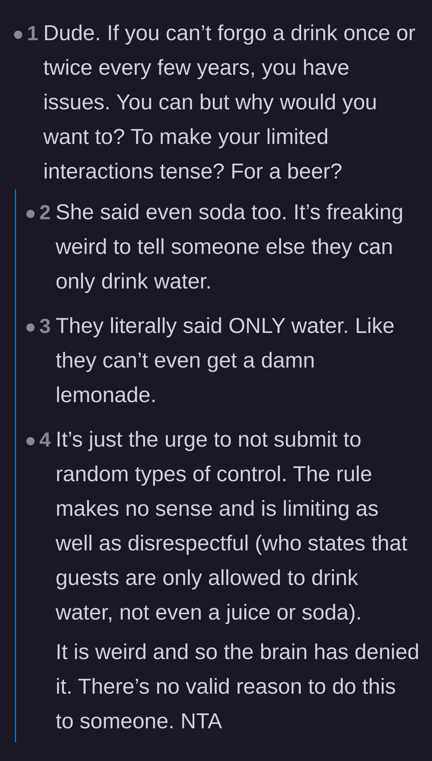 Comment thread 4 - A commenter arguing that not being able to forgo a drink for one meal is a personal issue.