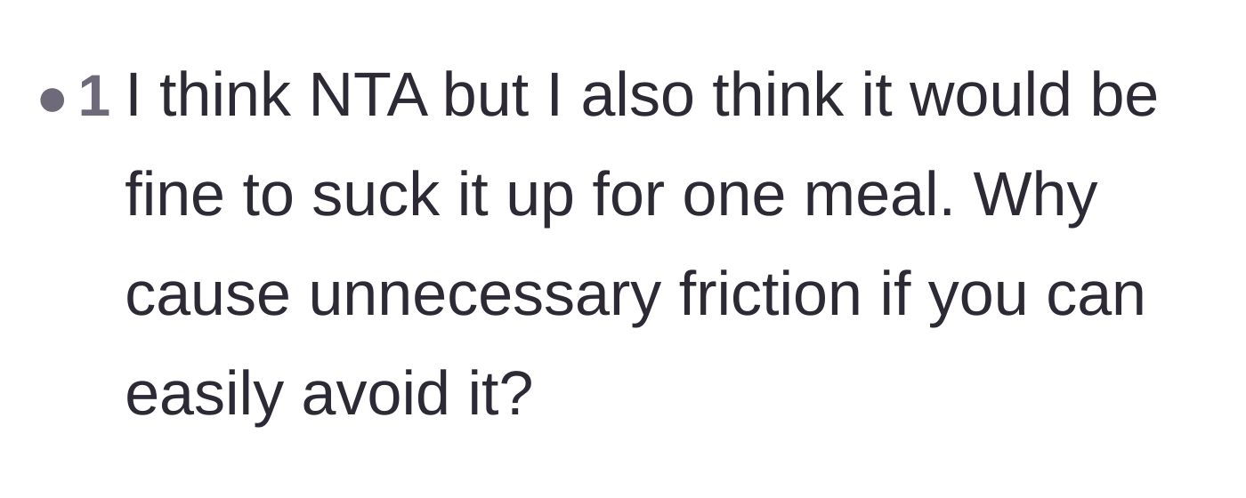 Comment thread 5 - A user voting NTA but suggesting sucking it up to avoid friction.