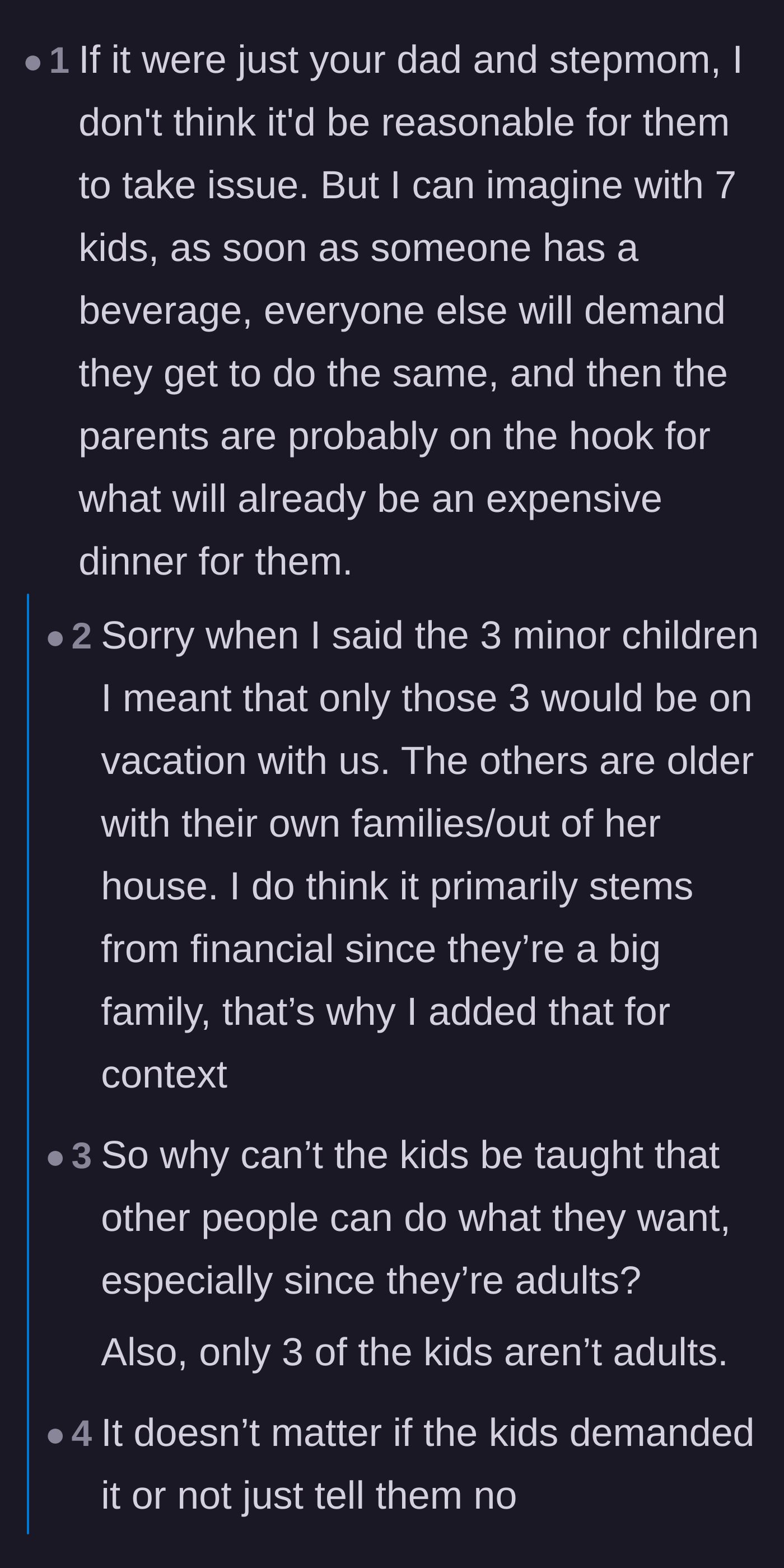 Comment thread 6 - Discussion on whether the rule is just to avoid the kids throwing a fit over wanting sodas.