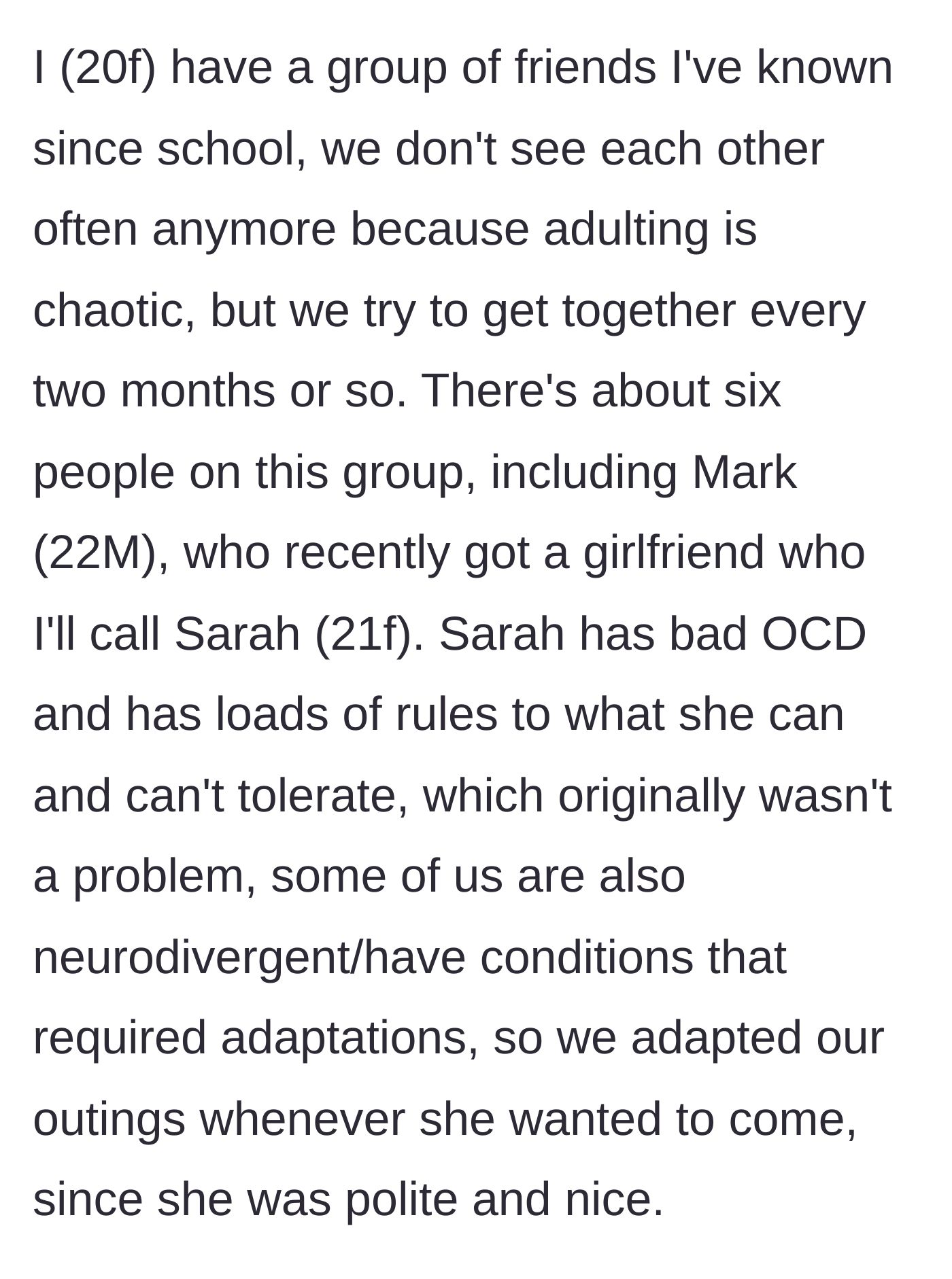 Story part 1 - The friend group introduces Mark's new girlfriend, Sarah, and happily adapts to her OCD-related rules.