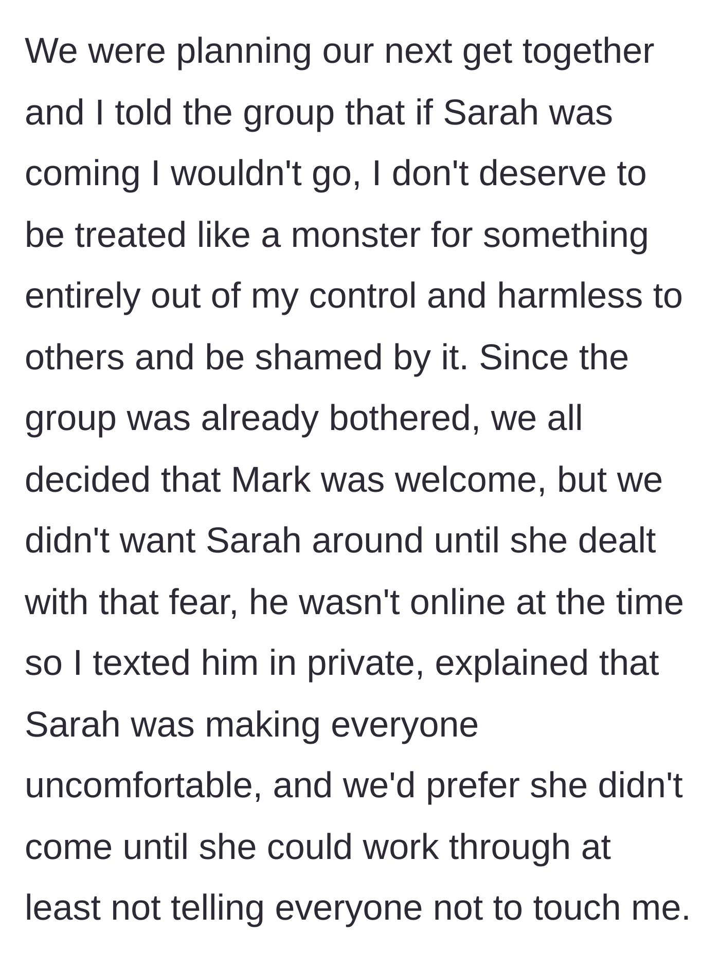 Story part 4 - The main character refuses to attend the next hangout if Sarah is there, prompting a private text to Mark setting a clear boundary.