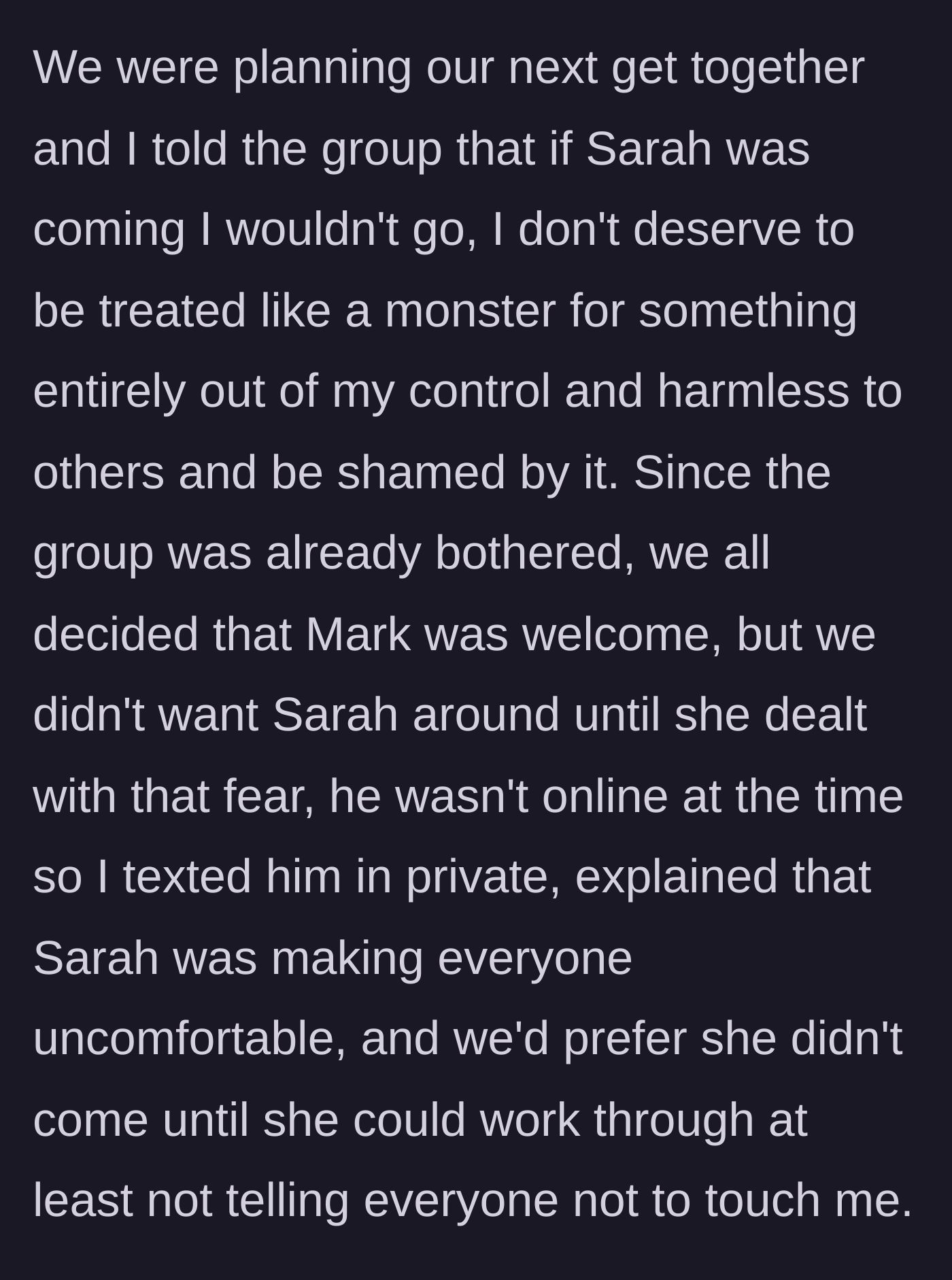 Story part 4 - The main character refuses to attend the next hangout if Sarah is there, prompting a private text to Mark setting a clear boundary.