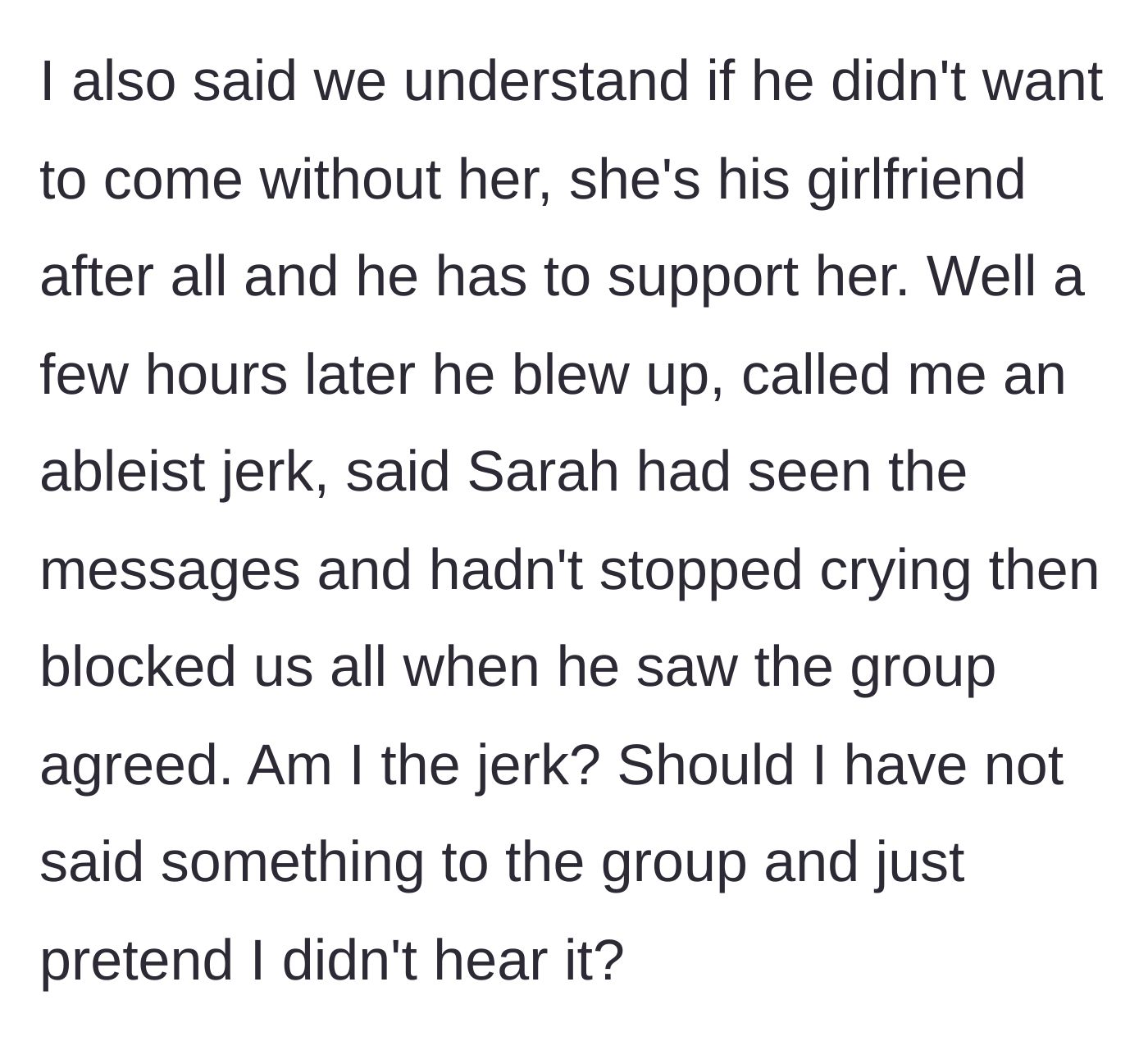 Story part 5 - Mark explodes with accusations of ableism, claims Sarah is crying, and permanently blocks the entire friend group.