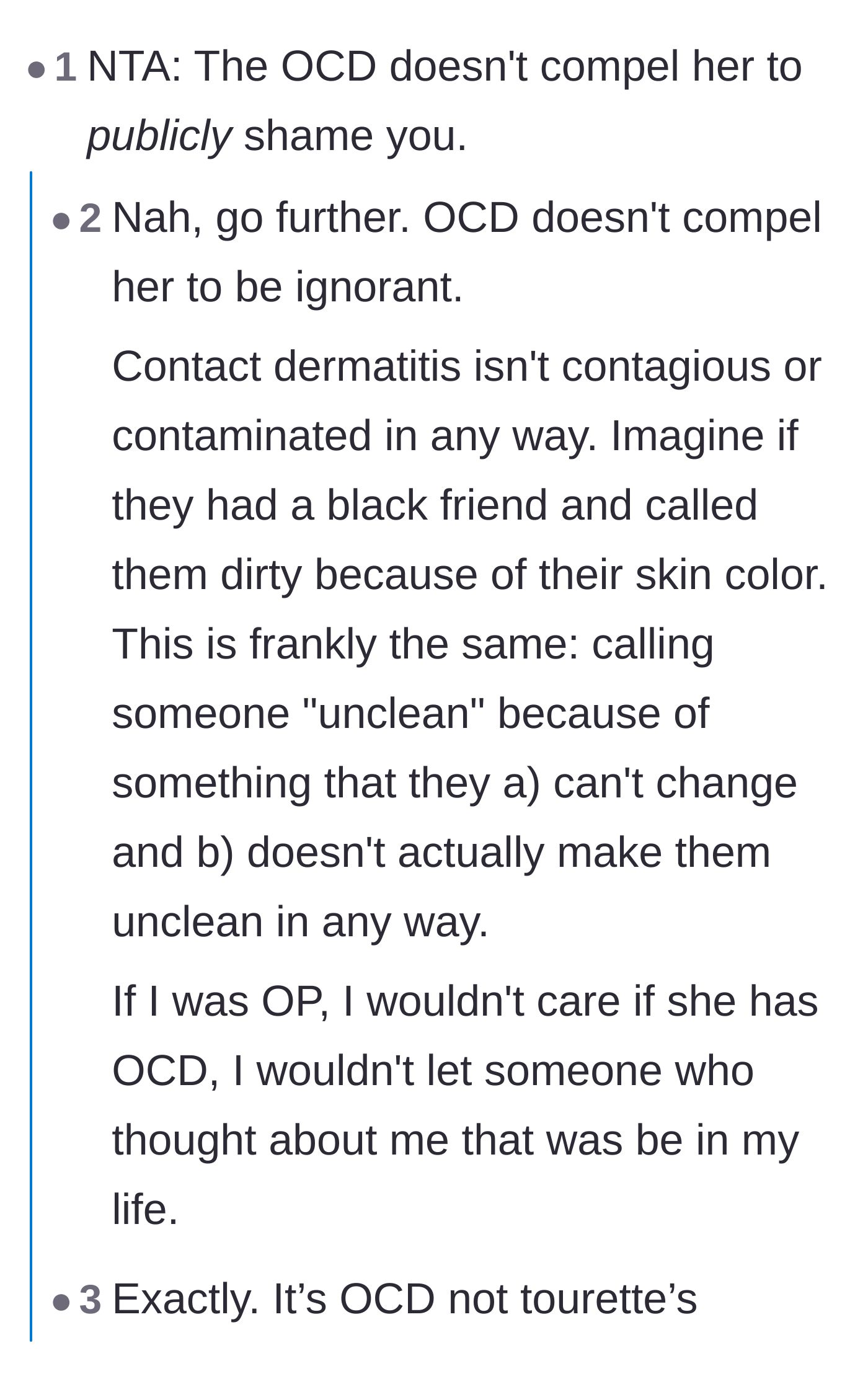 Comment thread 2 - Commenters pointing out that mental illness doesn't excuse the public shaming of a non-contagious skin condition.