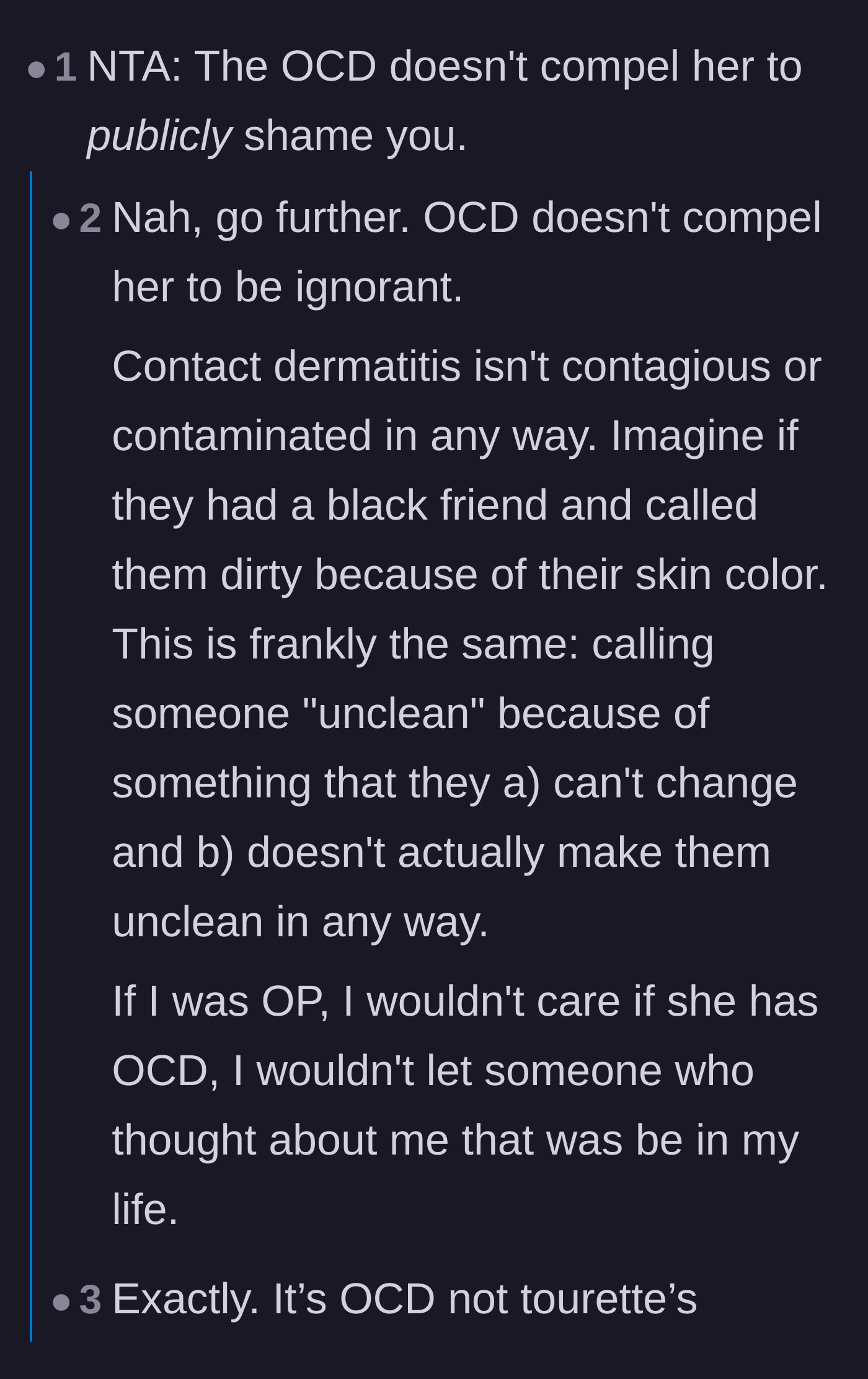 Comment thread 2 - Commenters pointing out that mental illness doesn't excuse the public shaming of a non-contagious skin condition.