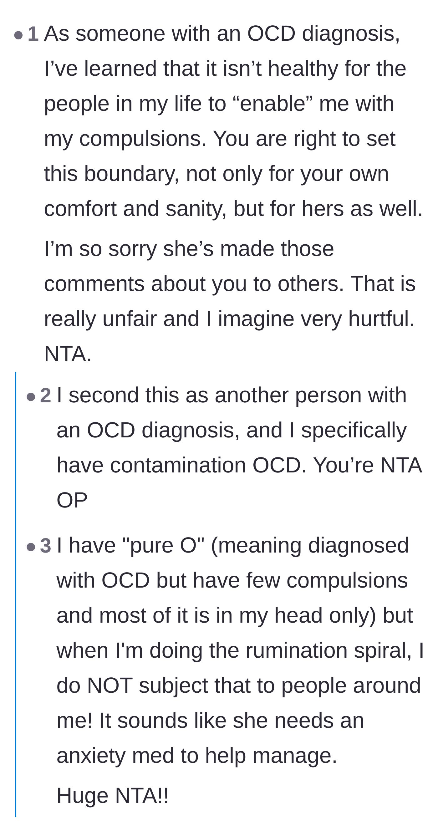 Comment thread 3 - Real OCD sufferers stepping in to explain that managing triggers is a personal responsibility.
