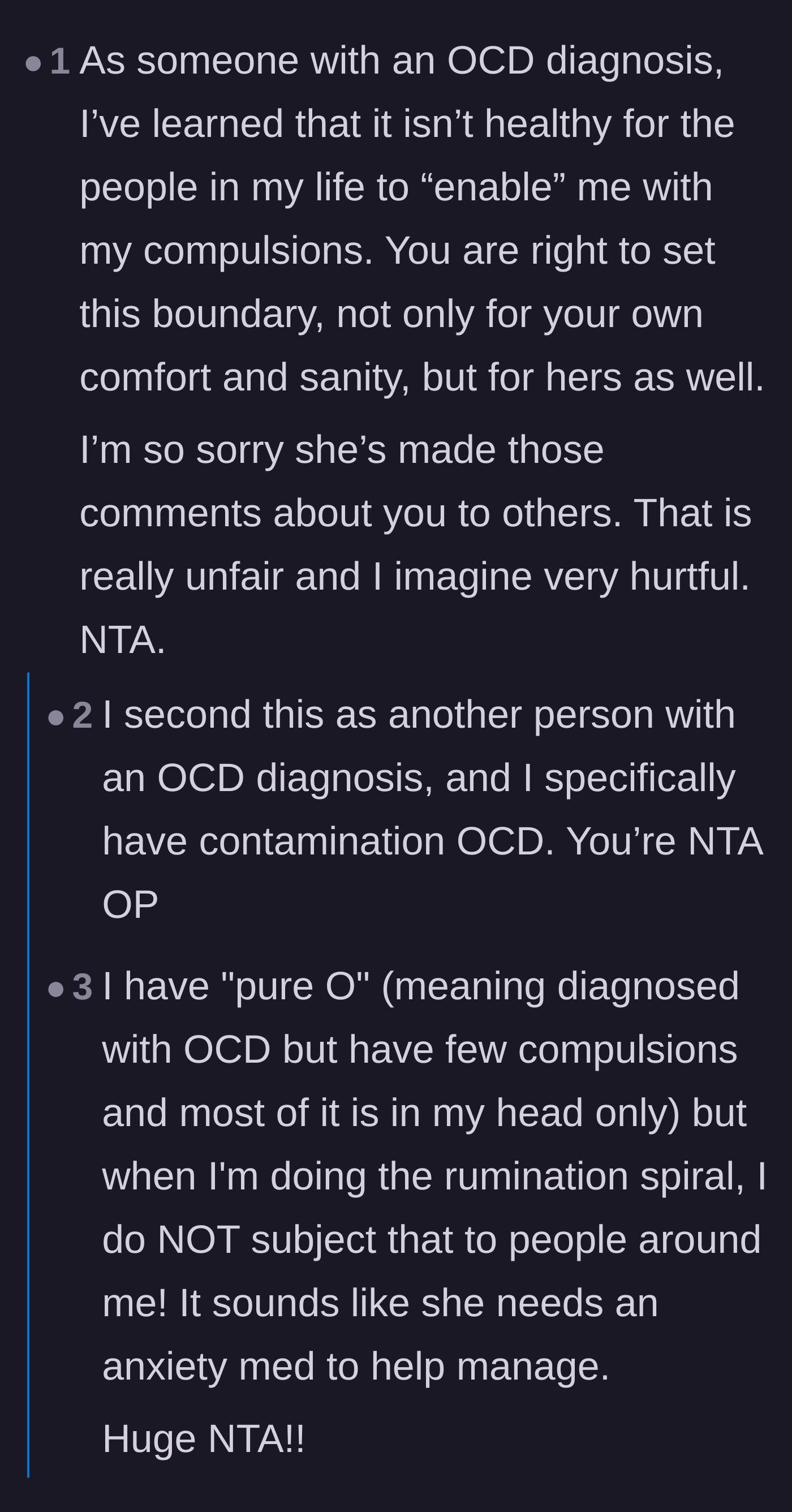 Comment thread 3 - Real OCD sufferers stepping in to explain that managing triggers is a personal responsibility.
