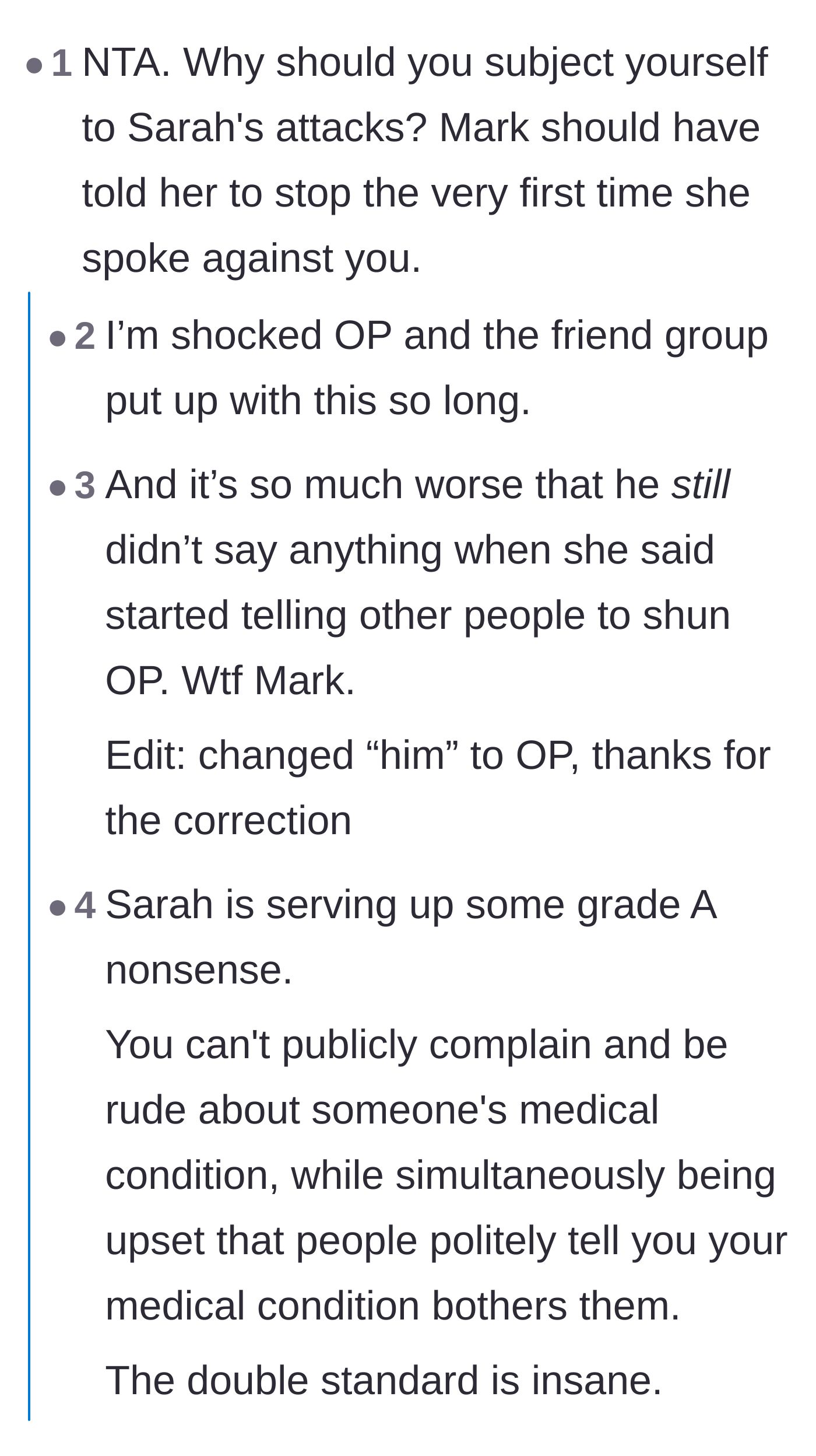 Comment thread 4 - Readers criticizing the boyfriend for silently enabling the bullying and then playing the victim.