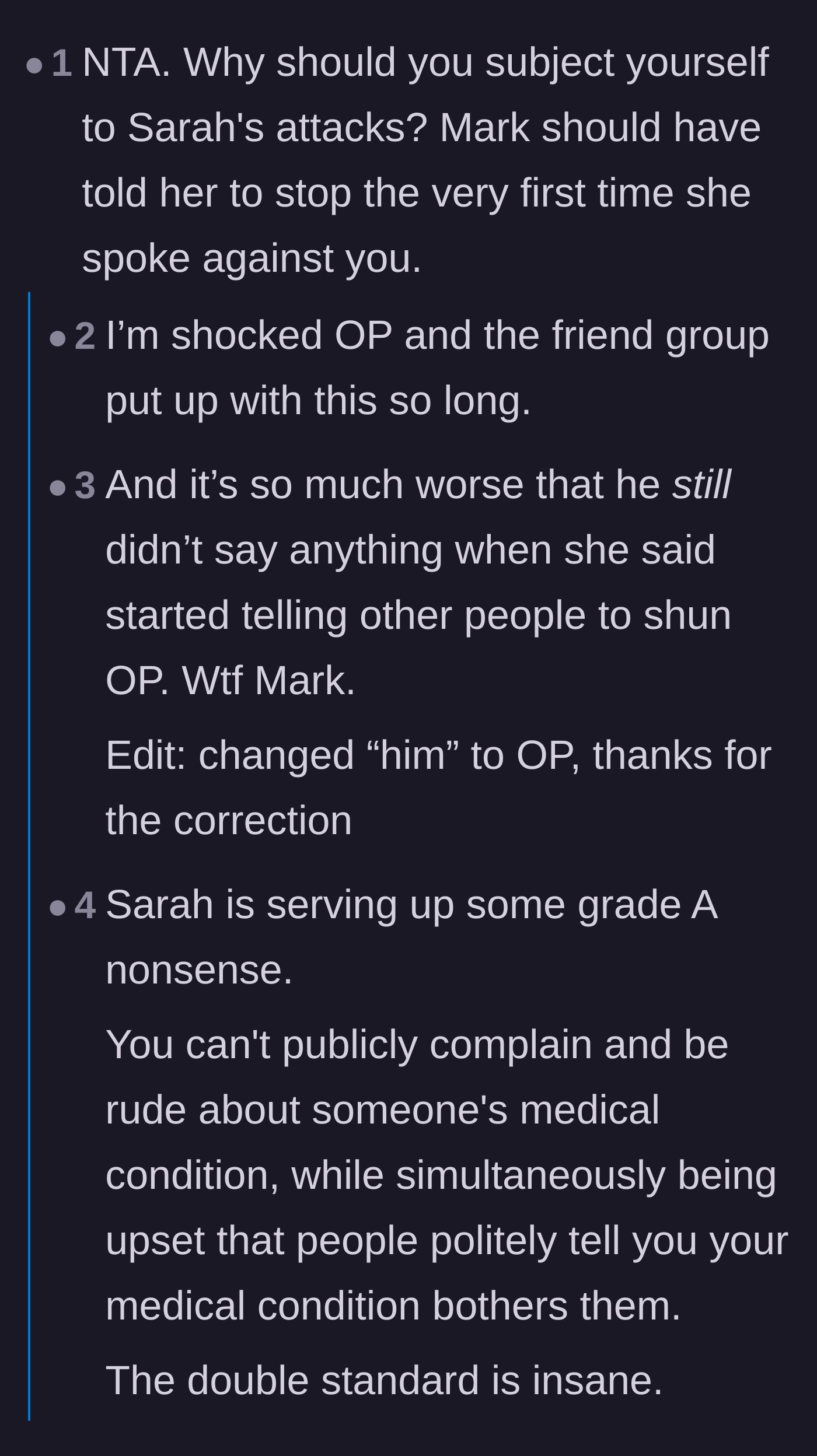 Comment thread 4 - Readers criticizing the boyfriend for silently enabling the bullying and then playing the victim.