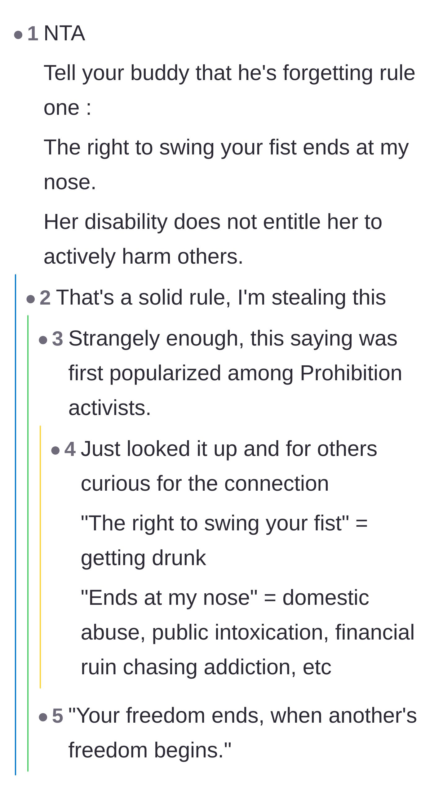 Comment thread 5 - A philosophical discussion about how personal boundaries cannot infringe on others' rights.