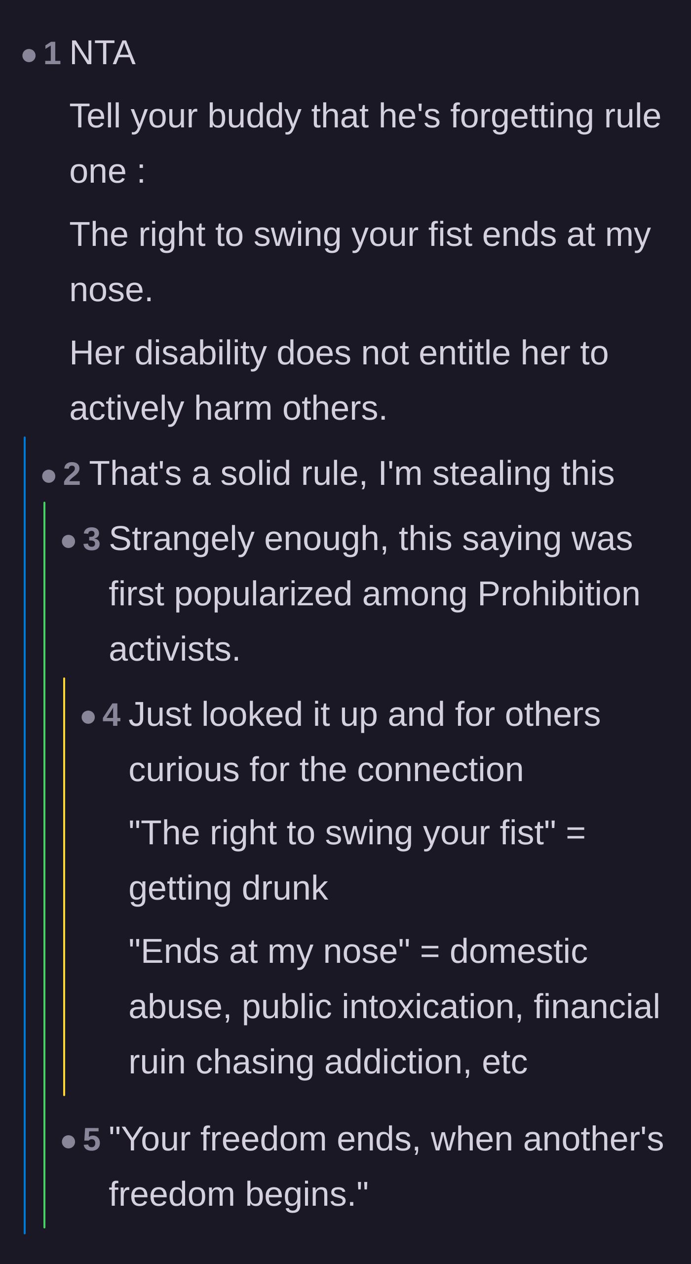 Comment thread 5 - A philosophical discussion about how personal boundaries cannot infringe on others' rights.