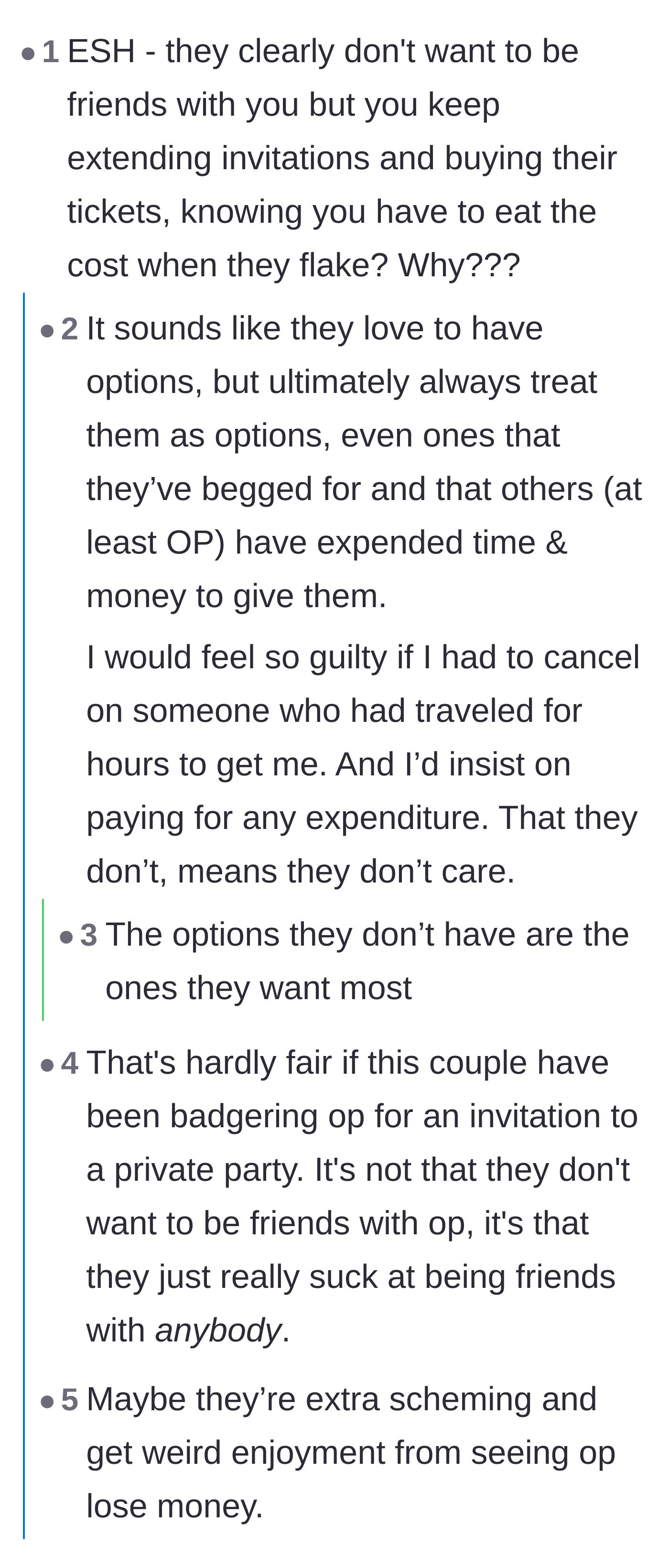 Comment thread 3 - Readers debating why the author keeps paying for friends who treat her like a backup plan.