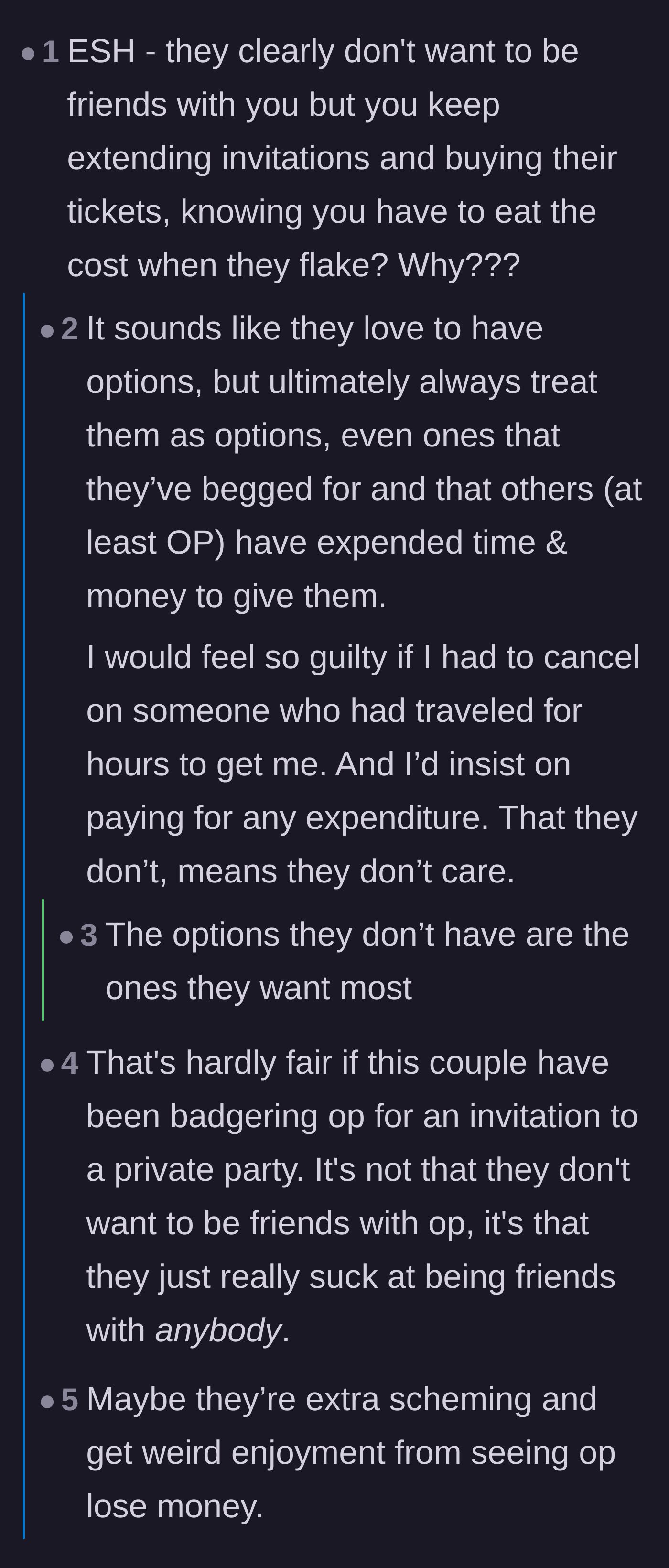 Comment thread 3 - Readers debating why the author keeps paying for friends who treat her like a backup plan.