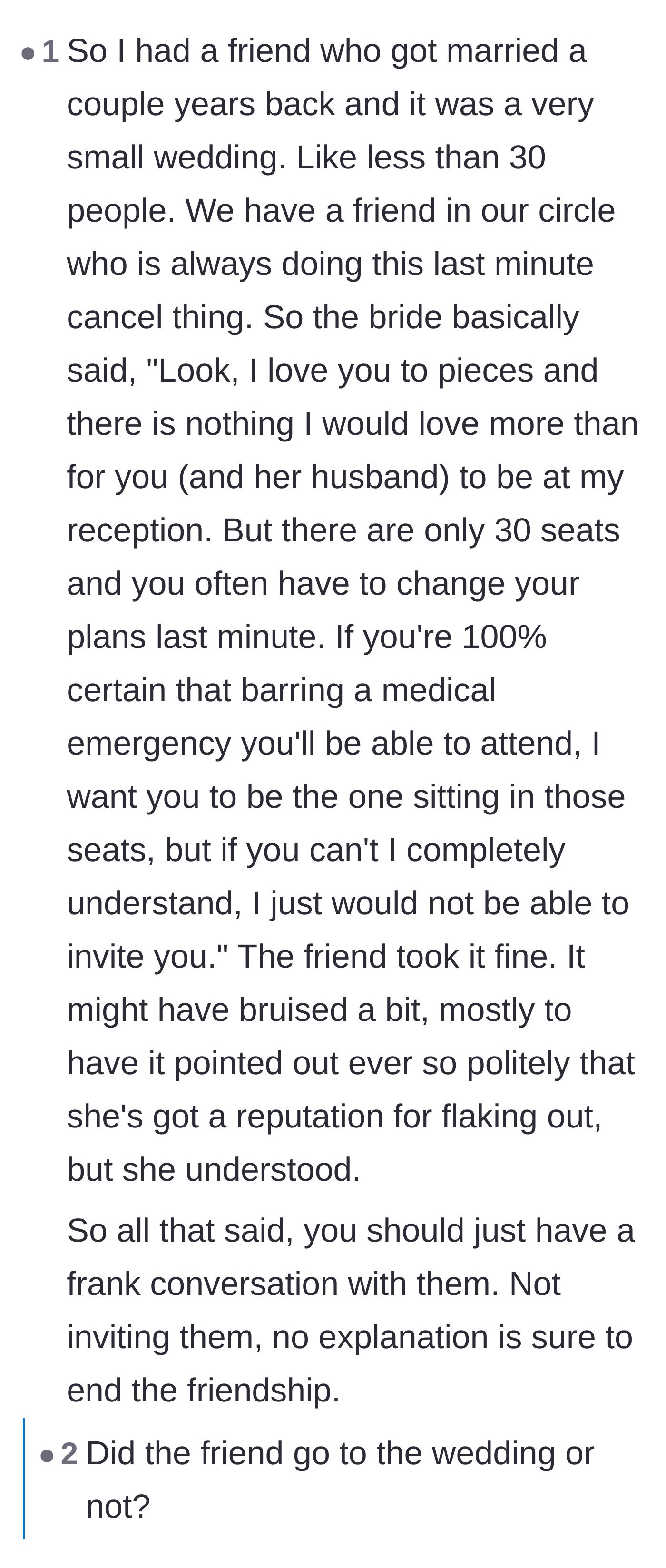 Comment thread 4 - A story about another bride who successfully and politely set boundaries with a flaky friend.