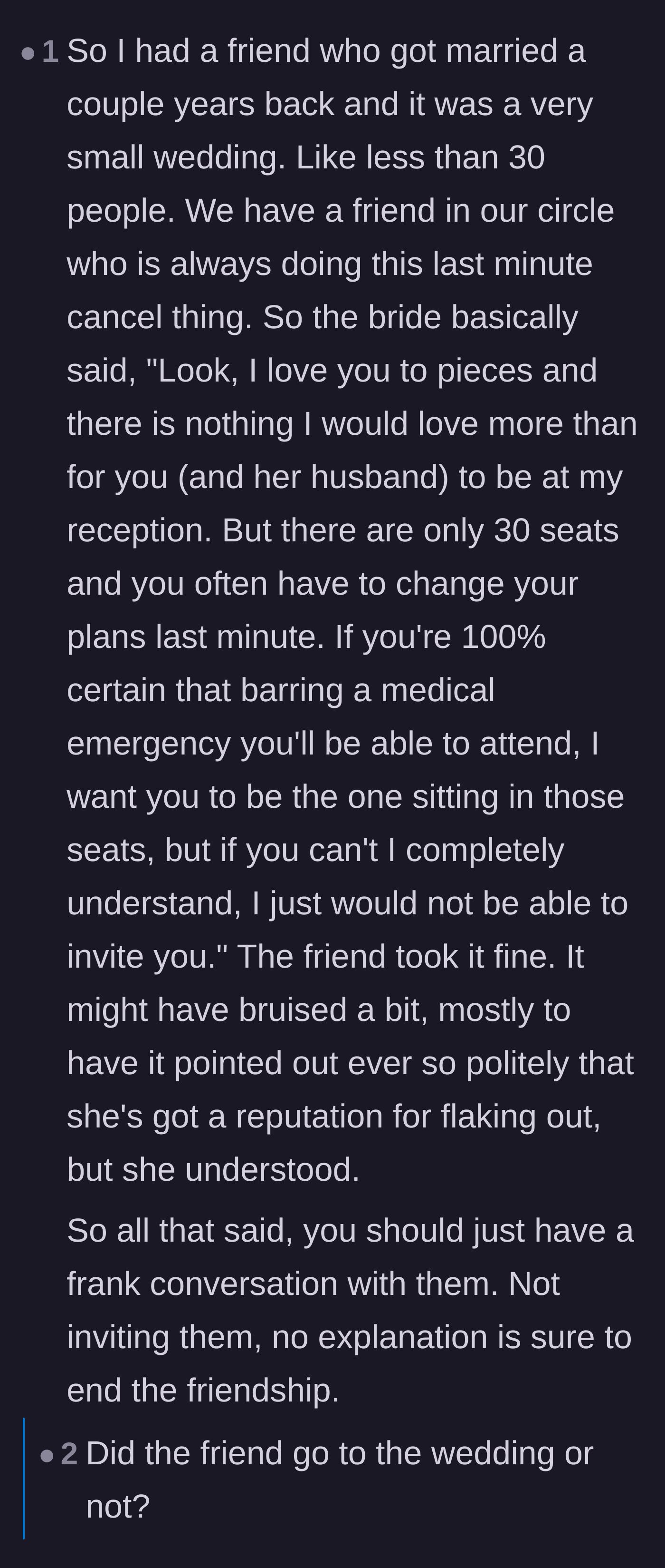 Comment thread 4 - A story about another bride who successfully and politely set boundaries with a flaky friend.