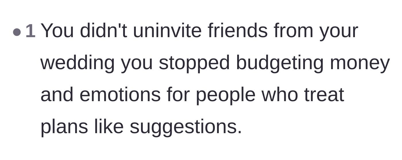Comment thread 6 - A poignant quote about no longer budgeting money and emotions for people who don't show up.