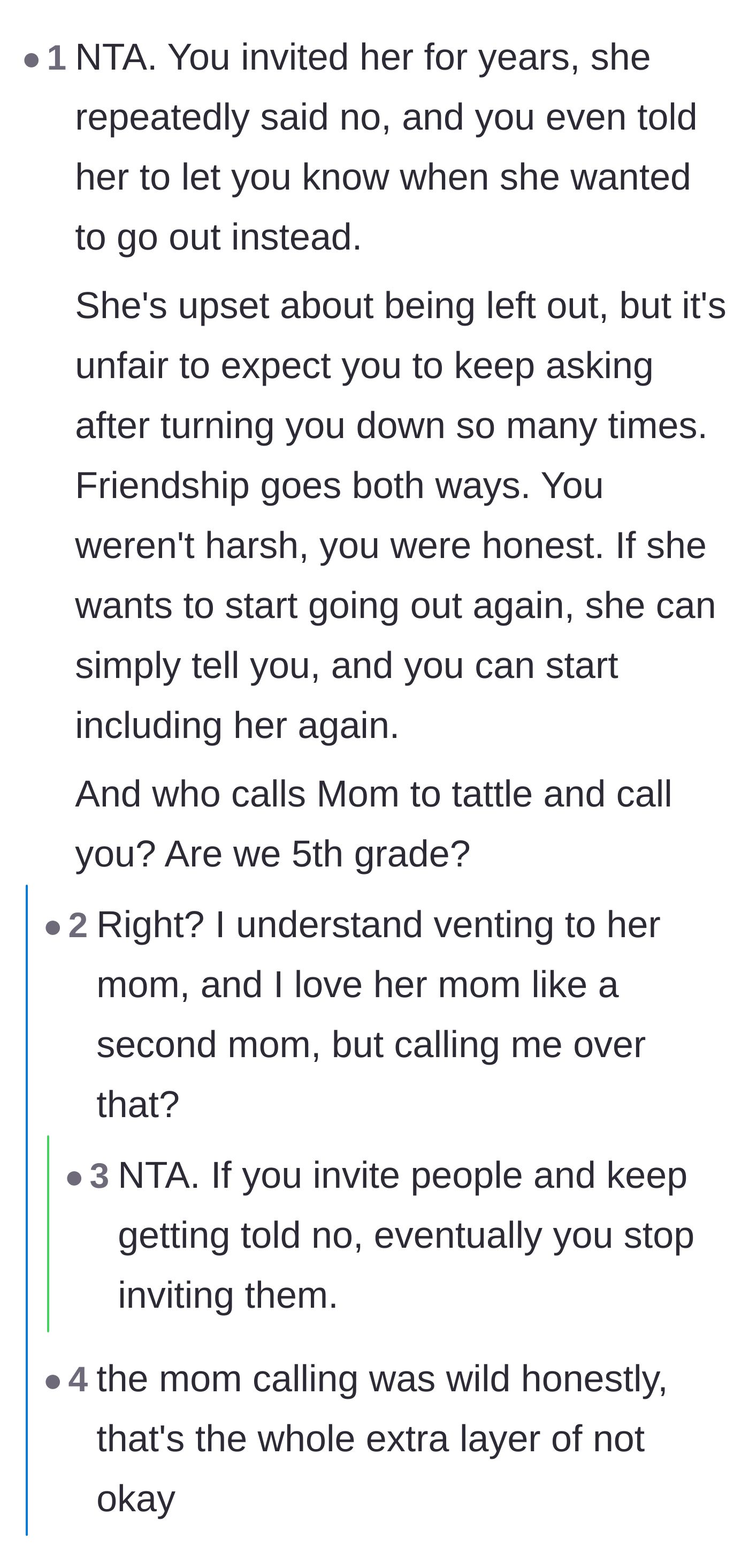 Comment thread 1 - A discussion about the absurdity of expecting endless invites and sending a mother to fight adult battles.