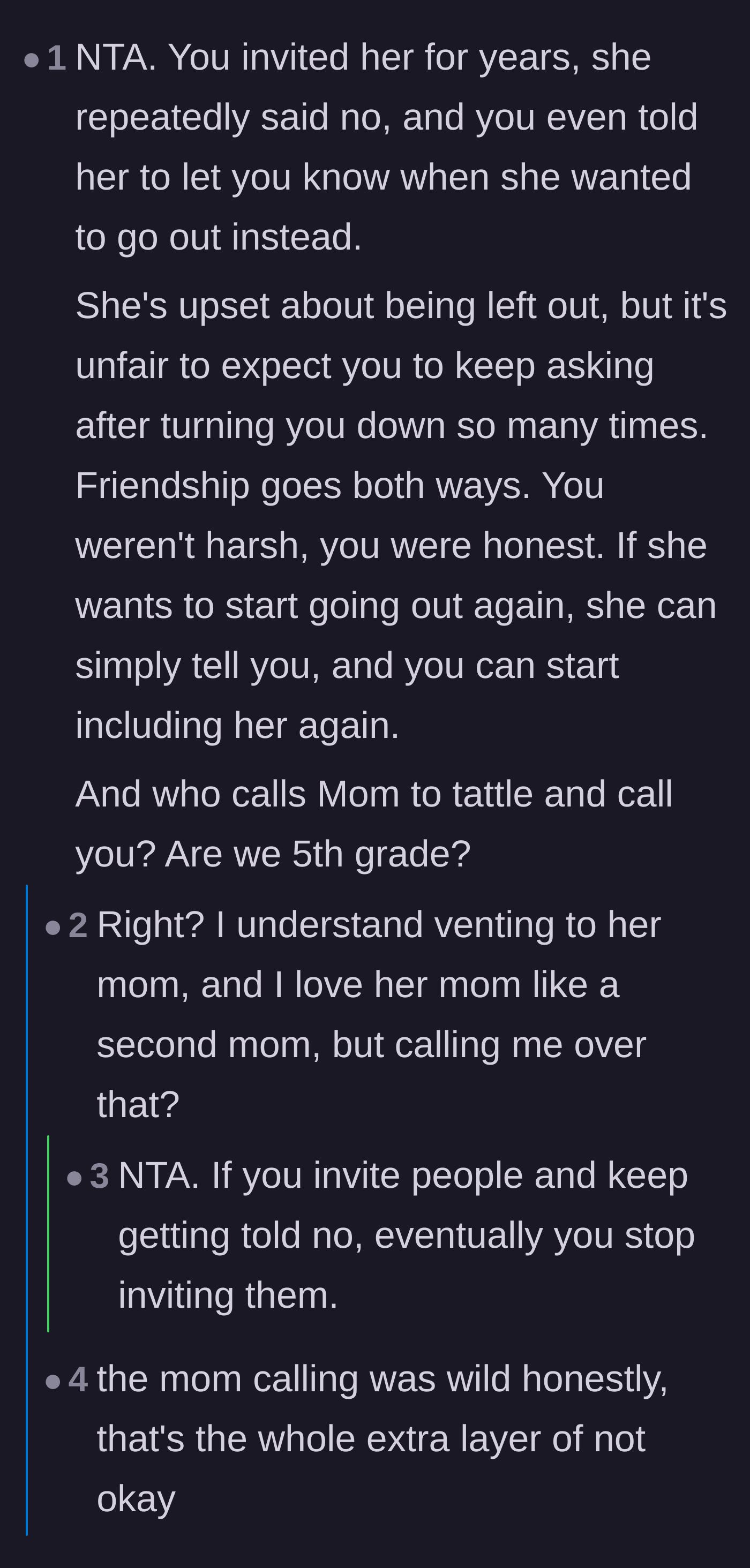Comment thread 1 - A discussion about the absurdity of expecting endless invites and sending a mother to fight adult battles.