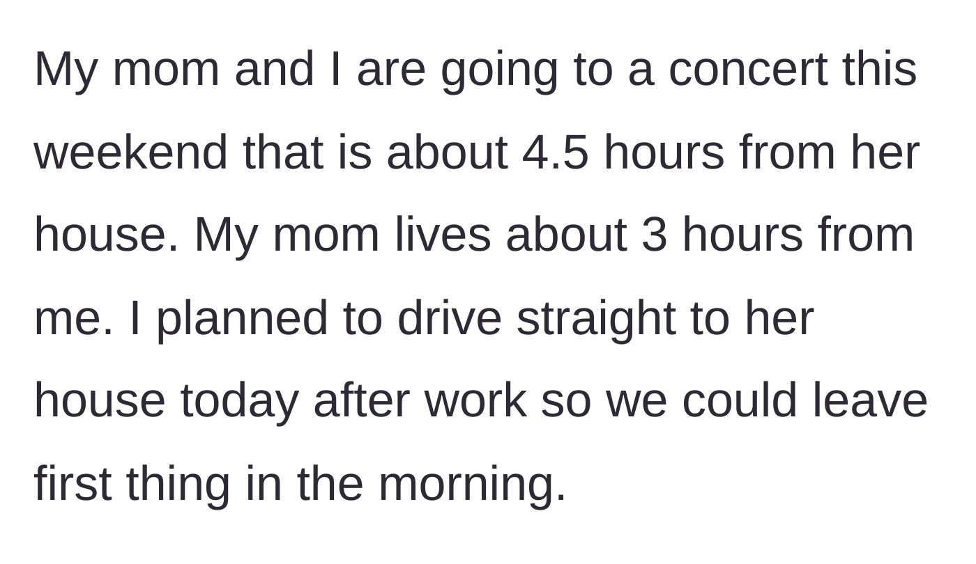 Story part 1 - A map showing a direct three-hour route to a mother's house for a weekend concert trip.