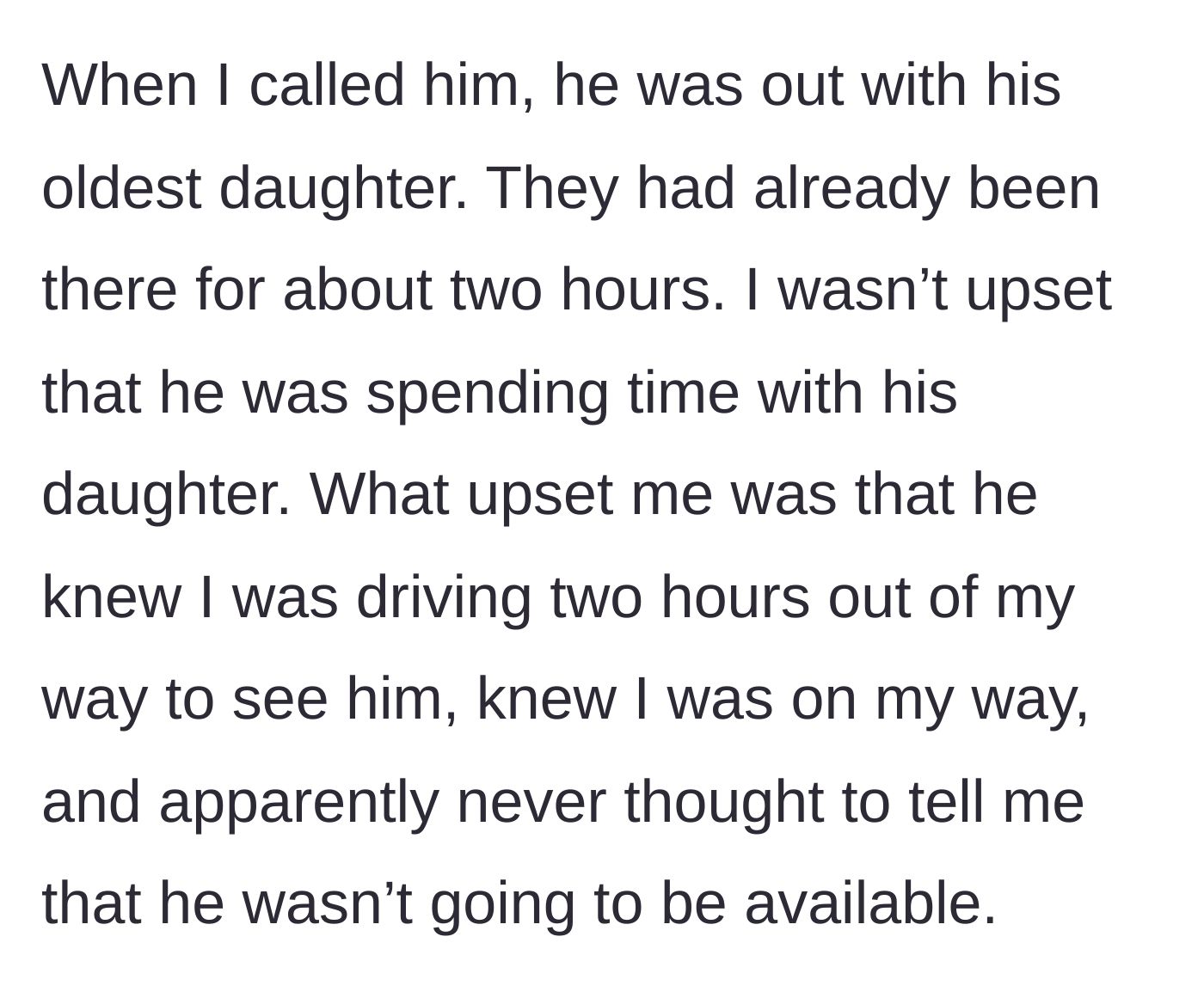 Story part 4 - A realization that the boyfriend has been out drinking with his daughter for two hours while his girlfriend was driving.