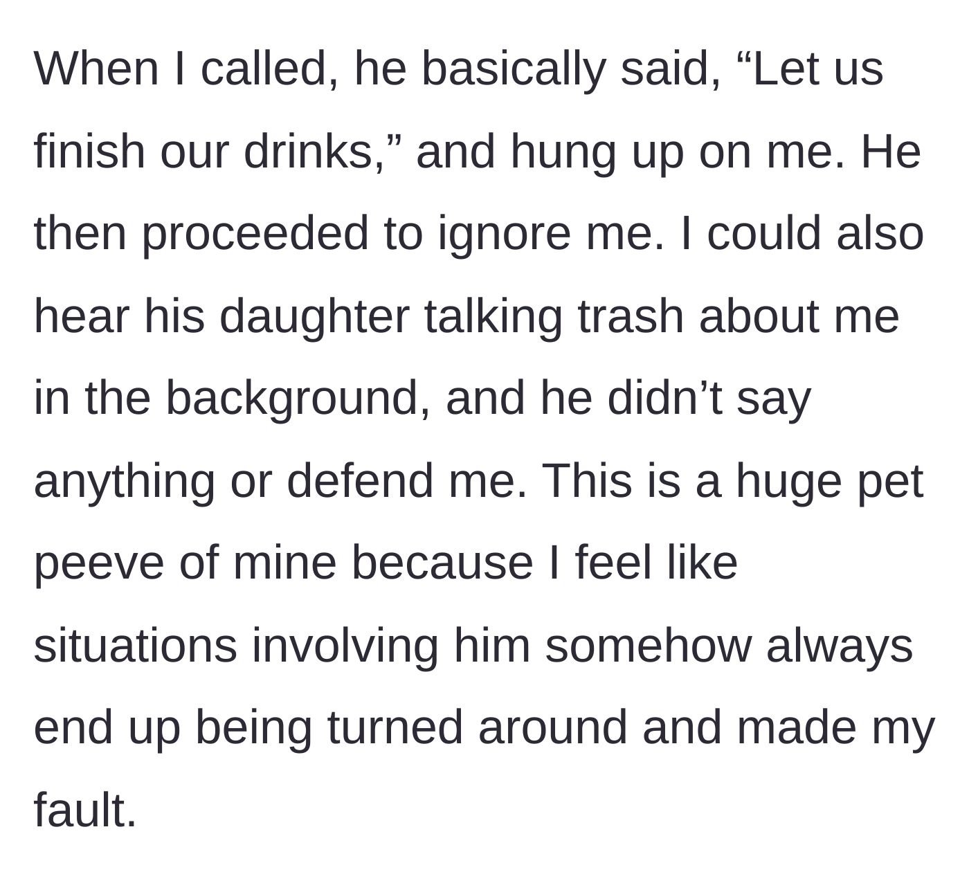 Story part 5 - A hostile phone call with a dismissive boyfriend and his teenage daughter mocking the girlfriend in the background.