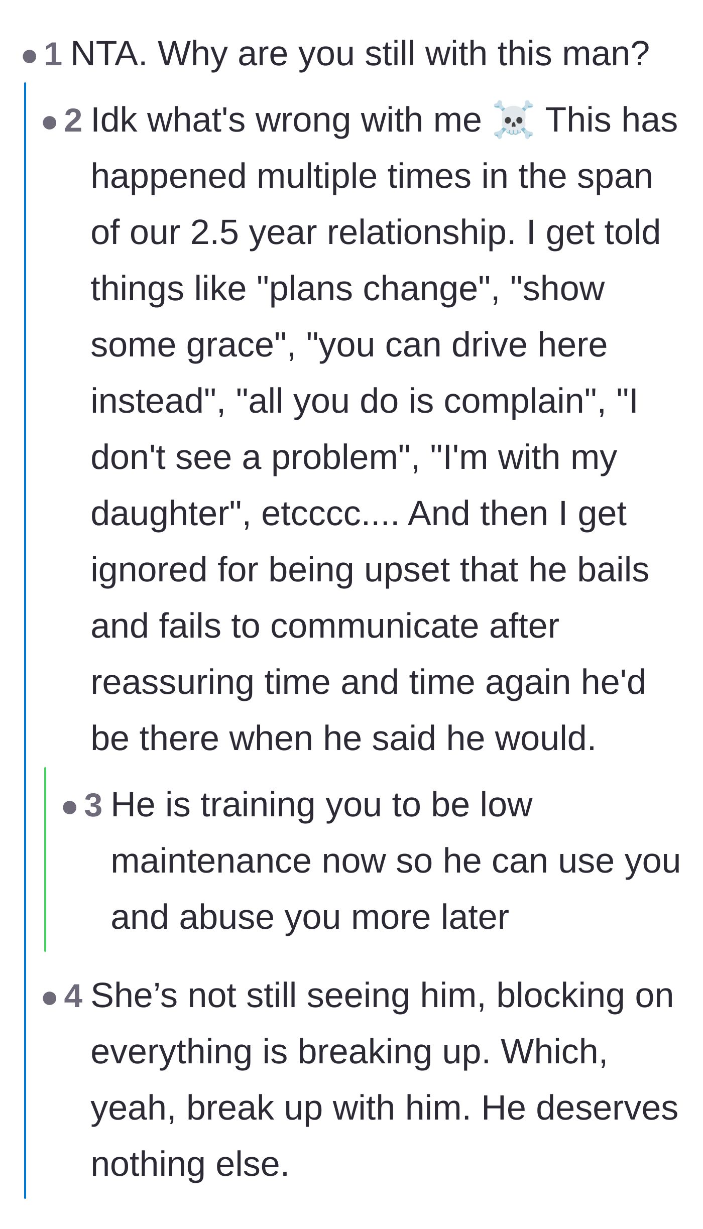 Comment thread 1 - A discussion about how the boyfriend is conditioning the author to accept bare-minimum treatment and blatant disrespect.