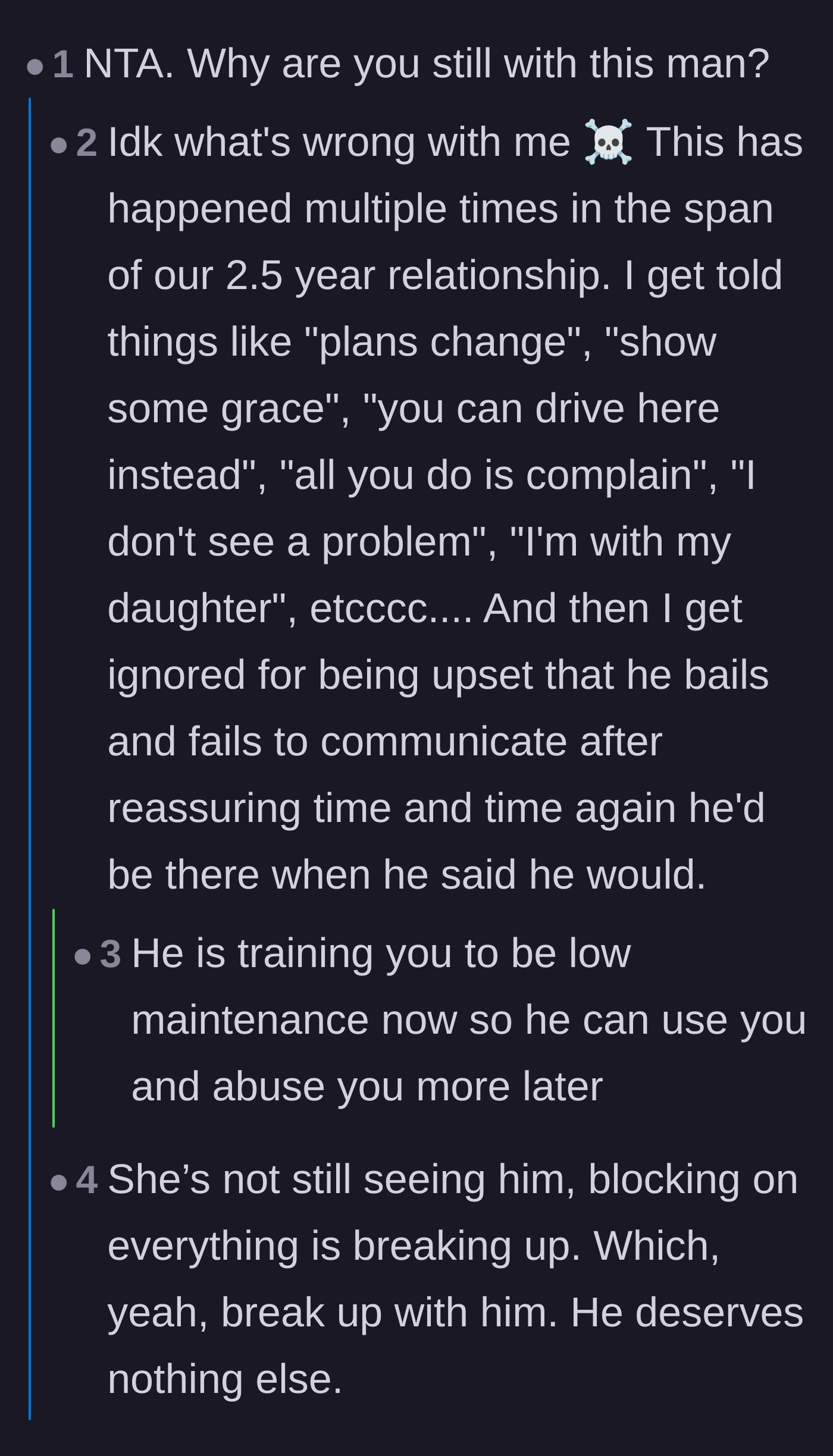 Comment thread 1 - A discussion about how the boyfriend is conditioning the author to accept bare-minimum treatment and blatant disrespect.
