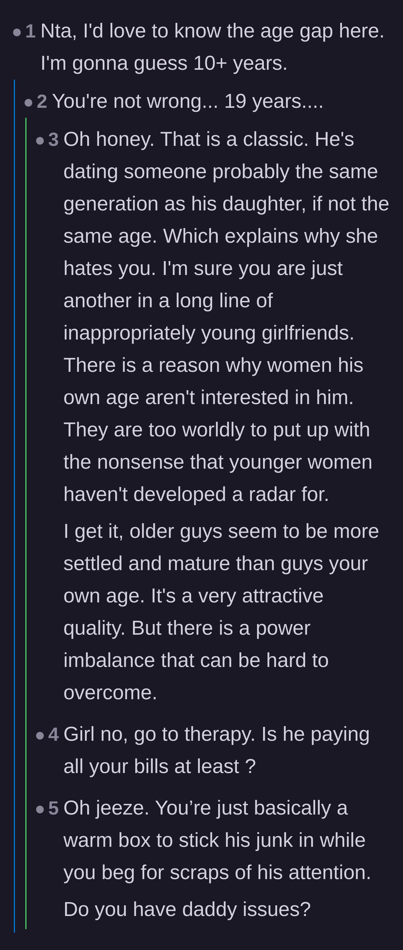 Comment thread 2 - The shocking reveal of a nineteen-year age gap and the realization that the hostile daughter is only seven years younger than the author.