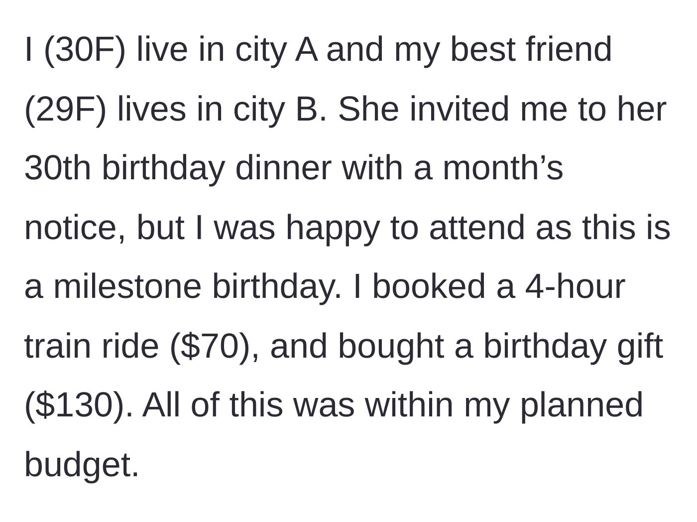Story part 1 - 30F guest details spending nearly $200 on a train ticket and birthday gift to attend her best friend's 30th birthday in a different city.