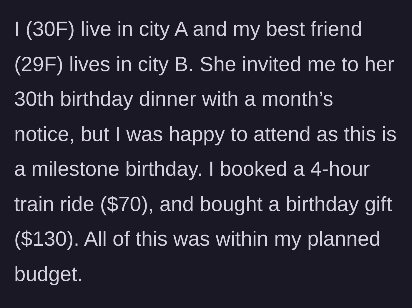 Story part 1 - 30F guest details spending nearly $200 on a train ticket and birthday gift to attend her best friend's 30th birthday in a different city.